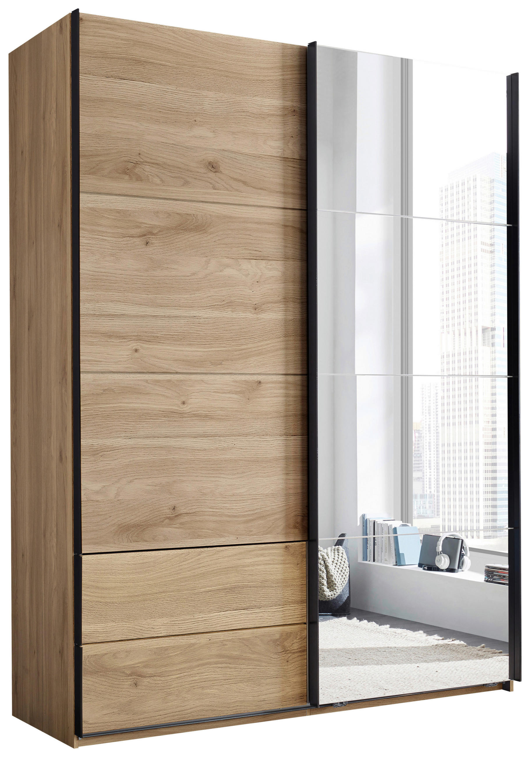 SCHWEBETÜRENSCHRANK 170/225,5/60 cm 2-türig Eichefarben  - Eichefarben/Schwarz, MODERN, Glas/Holzwerkstoff (170/225,5/60cm) - Xora