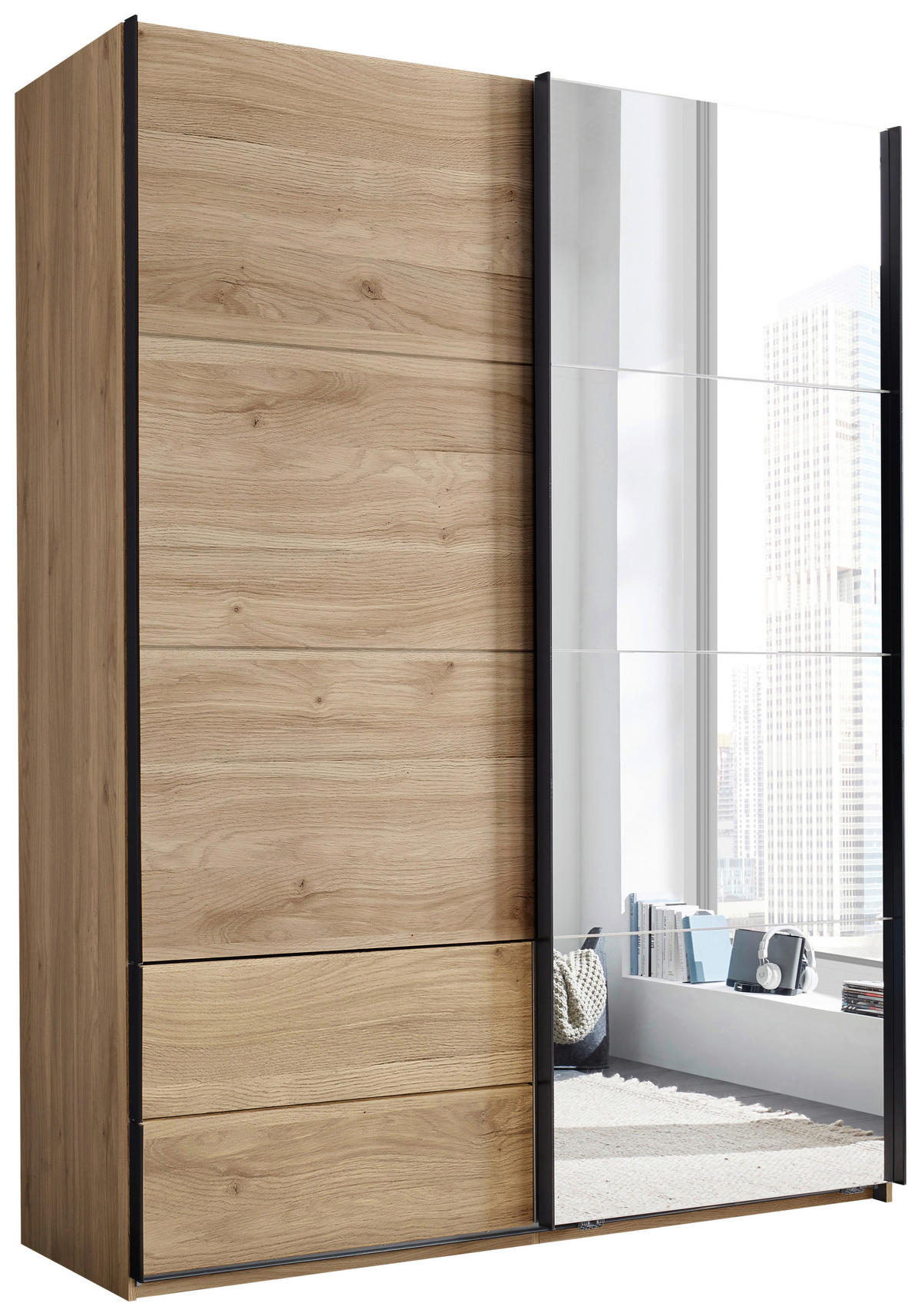 SCHWEBETÜRENSCHRANK  in Eichefarben  - Eichefarben/Schwarz, MODERN, Glas/Holzwerkstoff (170/225,5/60cm) - Xora