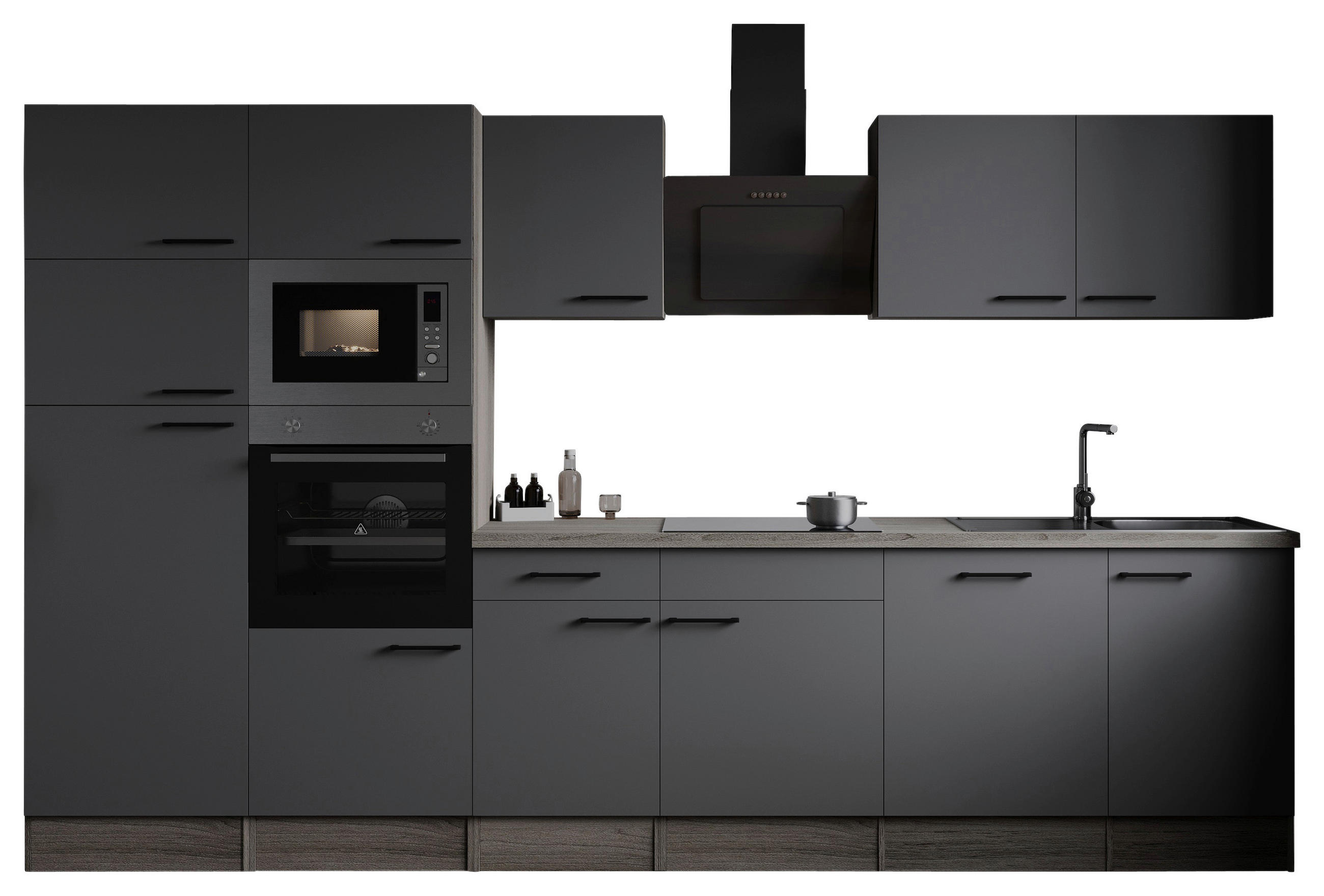 KÜCHENBLOCK 340 cm   in Grau, Eichefarben  - Eichefarben/Schwarz, Design, Holzwerkstoff/Metall (340cm) - Respekta