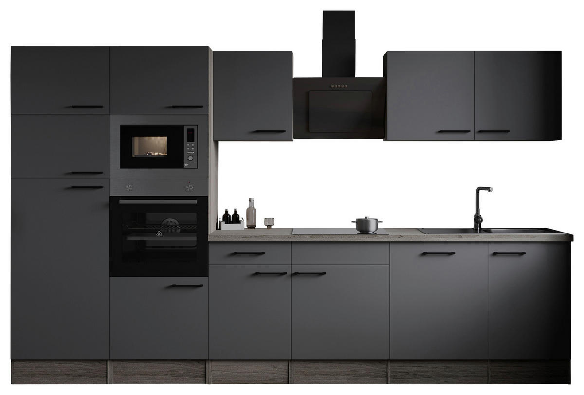 KÜCHENBLOCK 340 cm   in Grau, Eichefarben  - Eichefarben/Schwarz, Design, Holzwerkstoff/Metall (340cm) - Respekta
