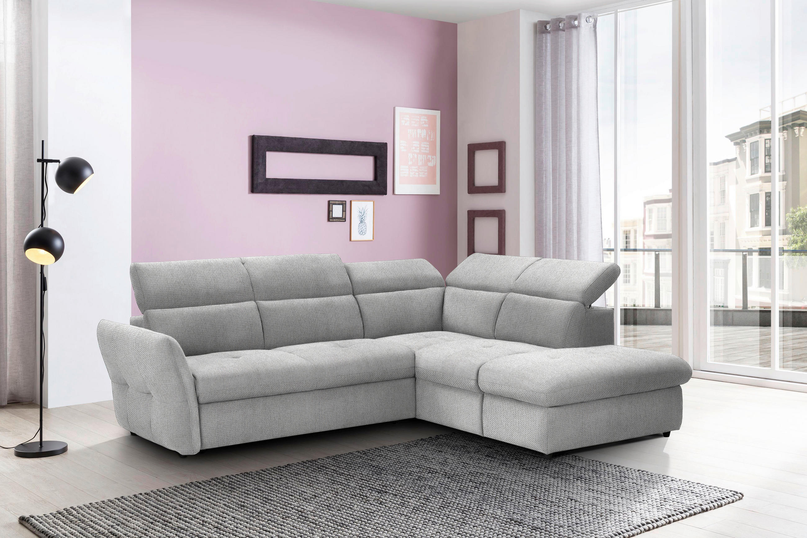 ECKSOFA in Mikrofaser Hellgrau  - Hellgrau/Schwarz, Design, Kunststoff/Textil (254/224cm) - Livetastic