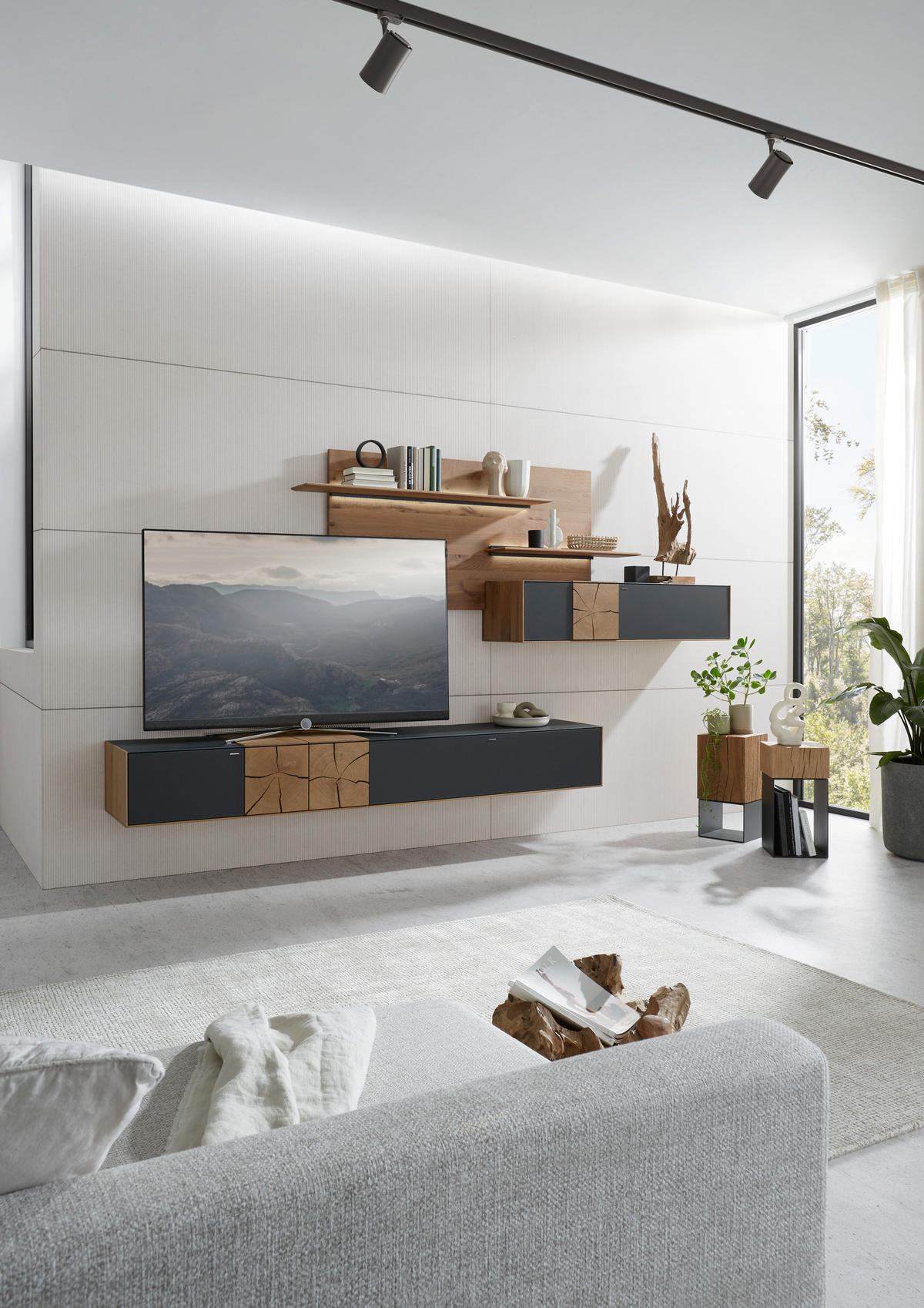 WOHNWAND  in Anthrazit, Eichefarben 343/196/44 cm  - Eichefarben/Anthrazit, Design, Glas/Holz (343/196/44cm) - Valnatura