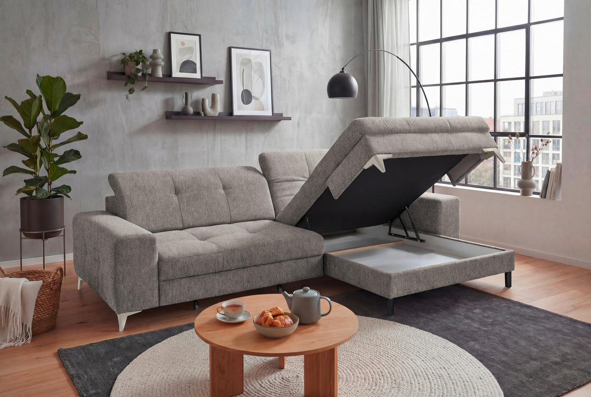 ECKSOFA SORELLA in Mikrovelours Taupe Kopfteilverstellung, Sitztiefenverstellung  328/182 cm  - Taupe/Kaschmir, Design, Kunststoff/Textil (328/182cm) - MID.YOU