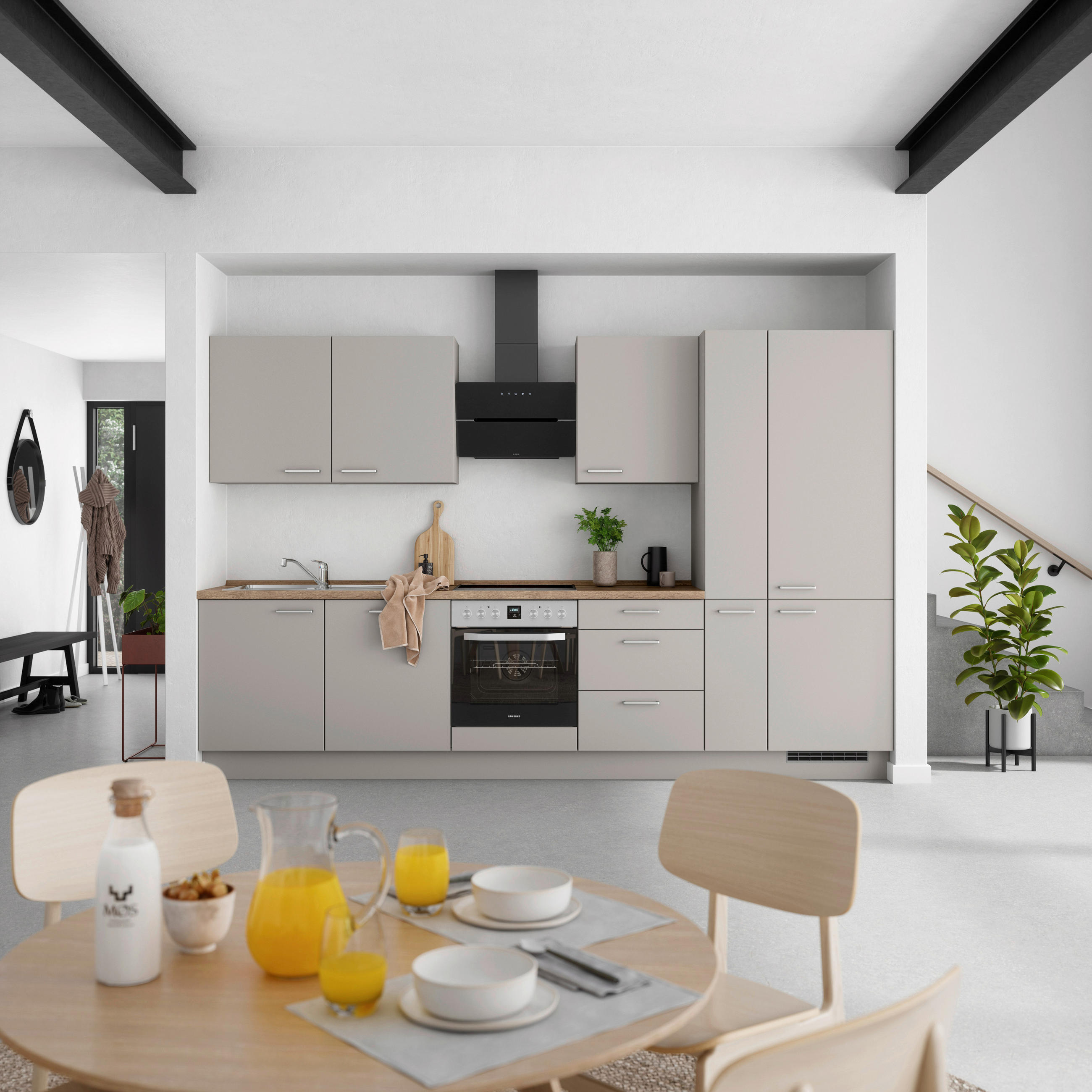 KÜCHENBLOCK 330 cm   in Grau, Eiche dunkel  - Eiche dunkel/Edelstahlfarben, MODERN, Holzwerkstoff/Metall (330cm) - Nobilia