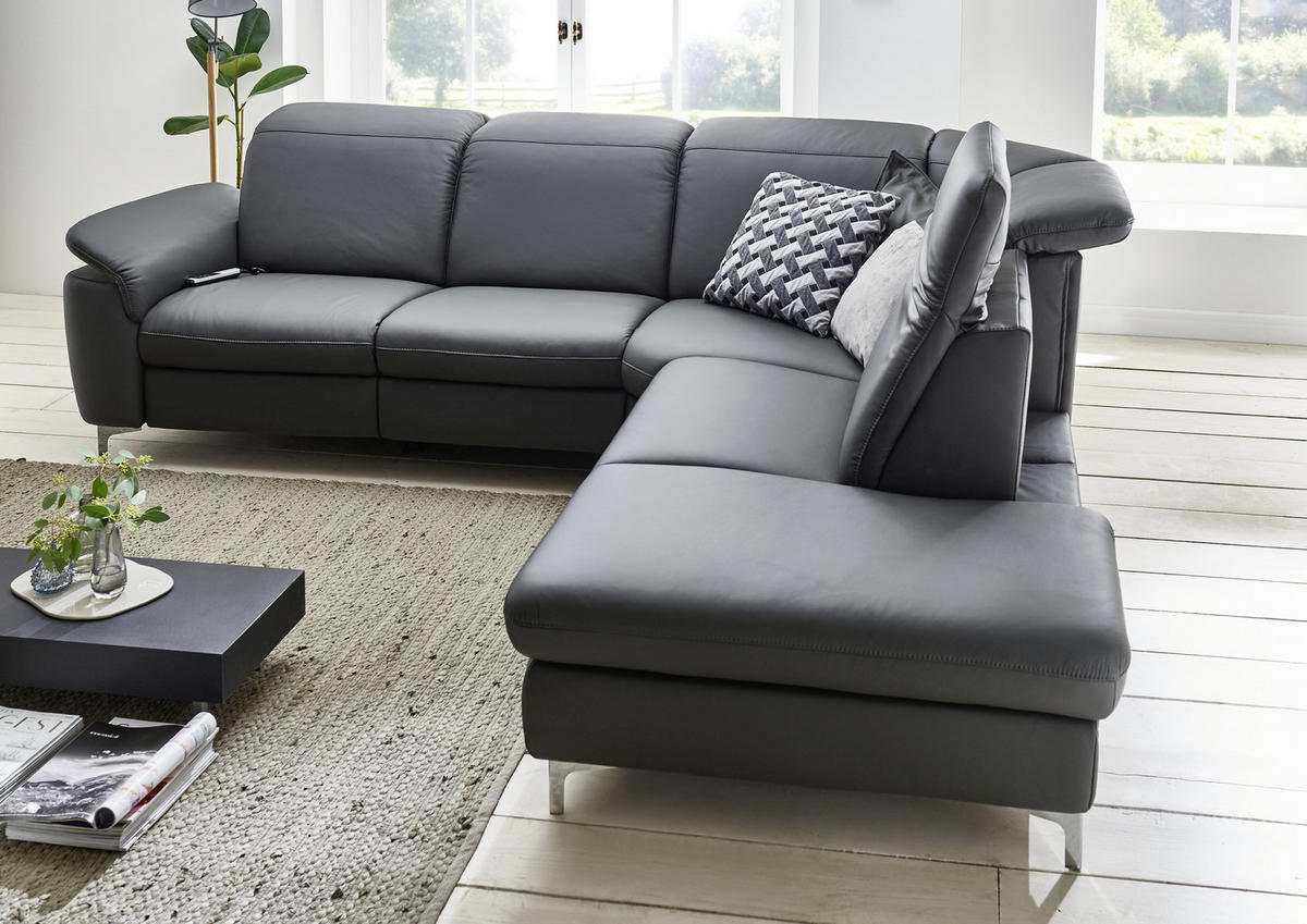 ECKSOFA Anthrazit Echtleder  - Chromfarben/Anthrazit, KONVENTIONELL, Leder/Metall (292/242cm) - Cantus