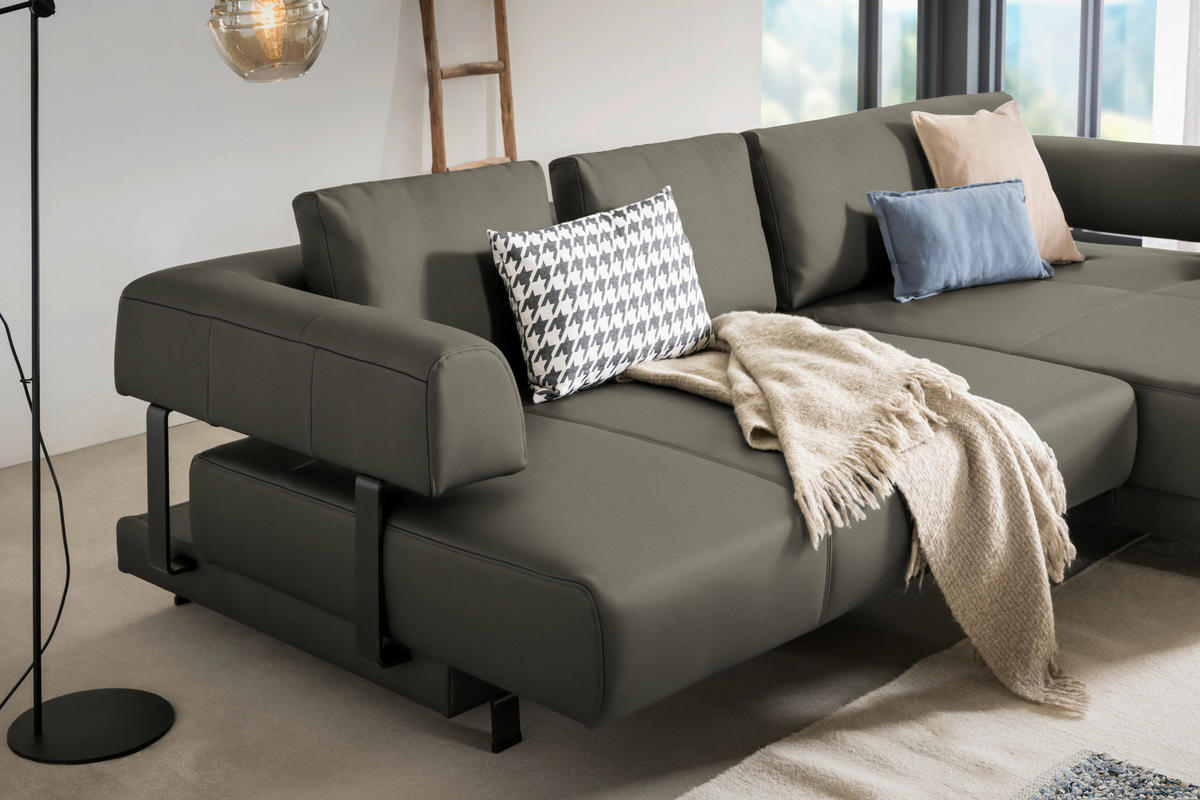 ECKSOFA in Echtleder Grau  - Schwarz/Grau, Design, Leder/Metall (307/188cm)