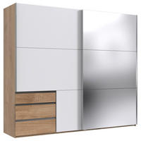 SCHWEBETÜRENSCHRANK 250/216/65 cm,  in Weiß, Eichefarben, 2 Tür(en)  - Chromfarben/Eichefarben, MODERN, Glas/Holzwerkstoff (250/216/65cm) - MID.YOU