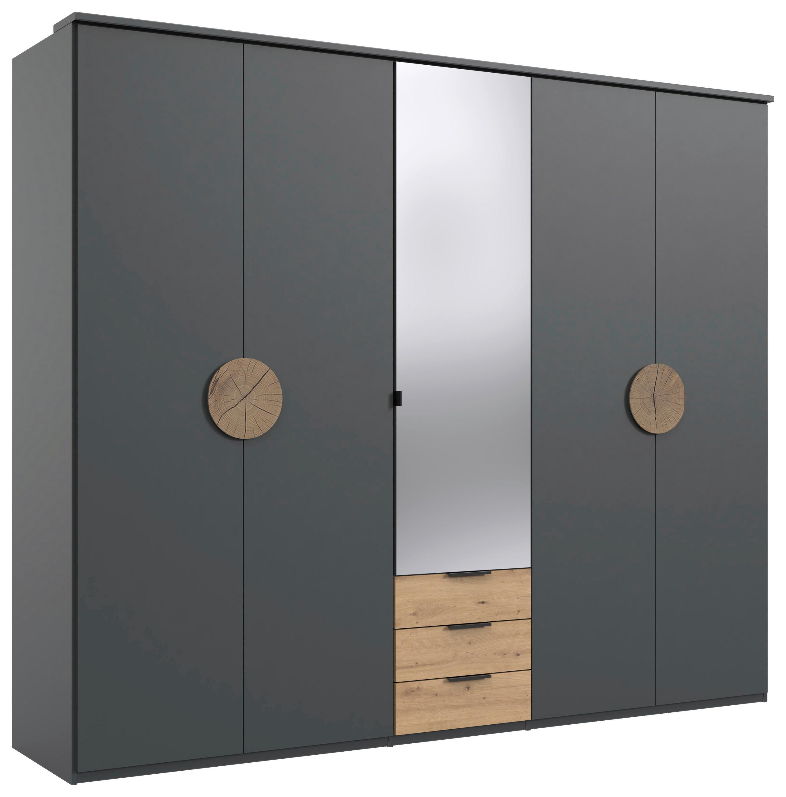 KLEIDERSCHRANK 225/210/58 cm 5-türig Graphitfarben, Eichefarben  - Eichefarben/Schwarz, Design, Glas/Holzwerkstoff (225/210/58cm) - MID.YOU