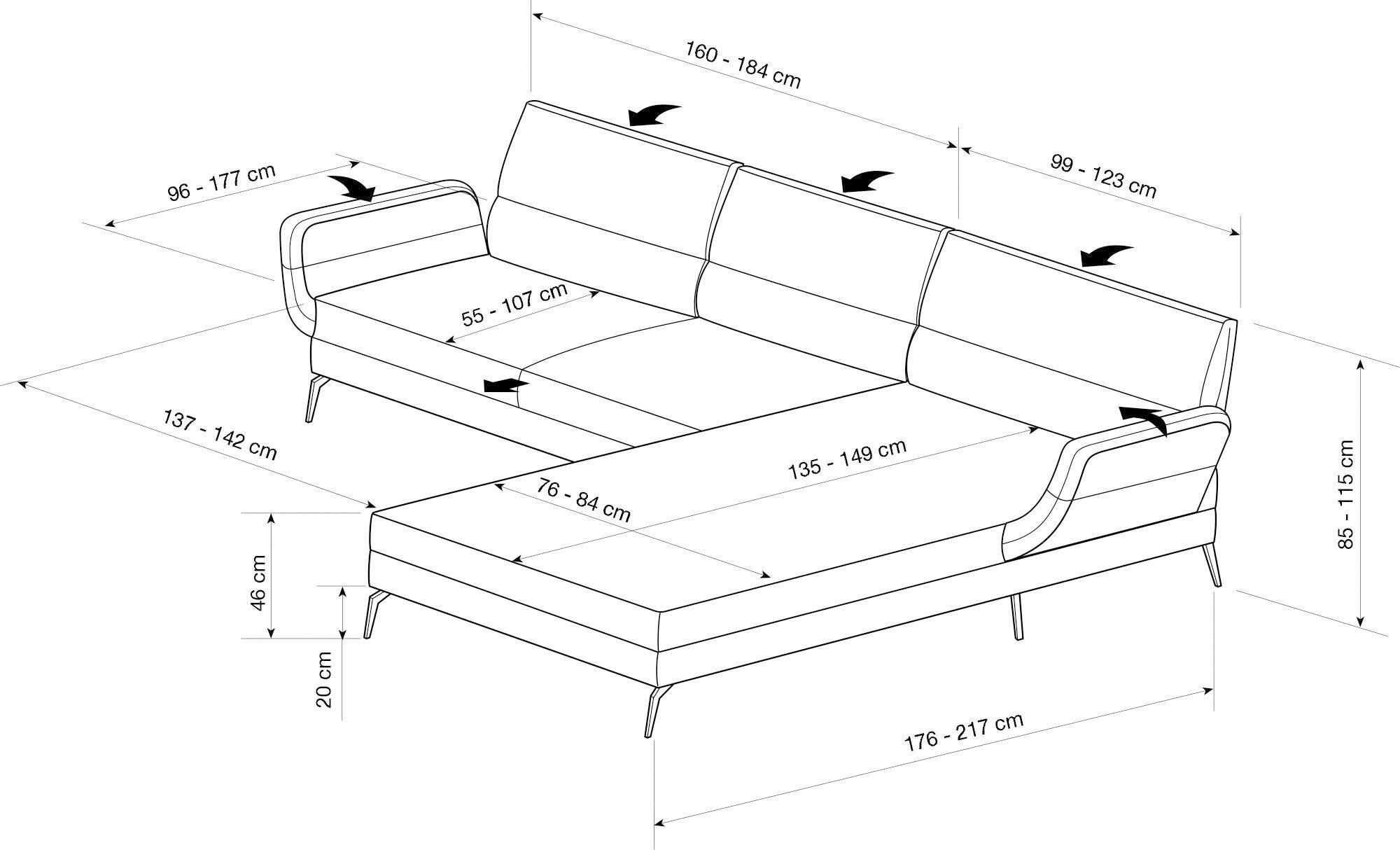 ECKSOFA Flachgewebe Greige  - Greige/Schwarz, Design, Textil/Metall (259-307/176-217cm) - Dieter Knoll