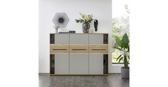 HIGHBOARD 180/131/40 cm  - Eichefarben/Grau, KONVENTIONELL, Glas/Holz (180/131/40cm) - Venda