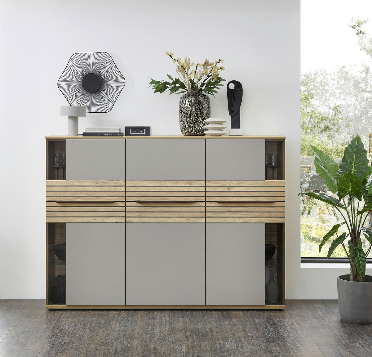 HIGHBOARD Eichefarben, Grau  180/131/40 cm  - Eichefarben/Schwarz, KONVENTIONELL, Glas/Holzwerkstoff (180/131/40cm) - Venda