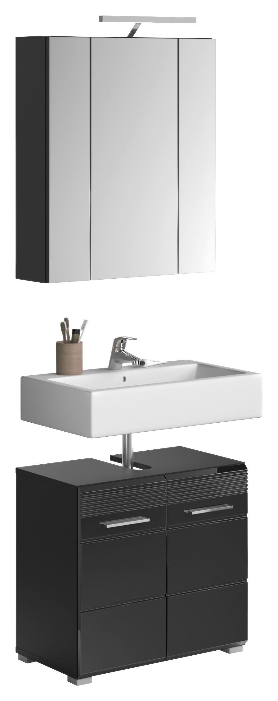 BADEZIMMER 2-teilig  in 60 cm  - Schwarz Hochglanz/Silberfarben, MODERN, Glas/Holzwerkstoff (60cm) - MID.YOU