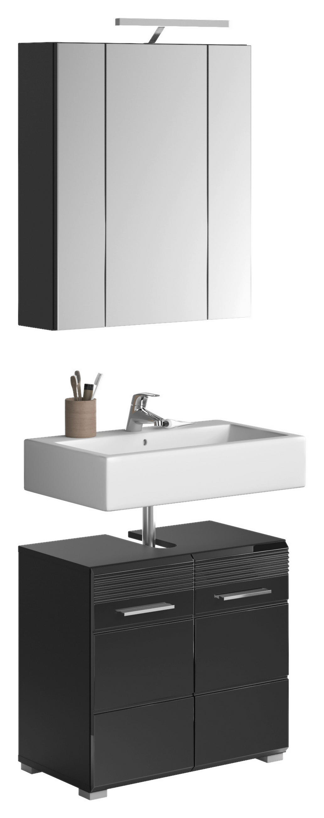 BADEZIMMER 2-teilig  in 60 cm  - Schwarz Hochglanz/Silberfarben, MODERN, Glas/Holzwerkstoff (60cm) - MID.YOU