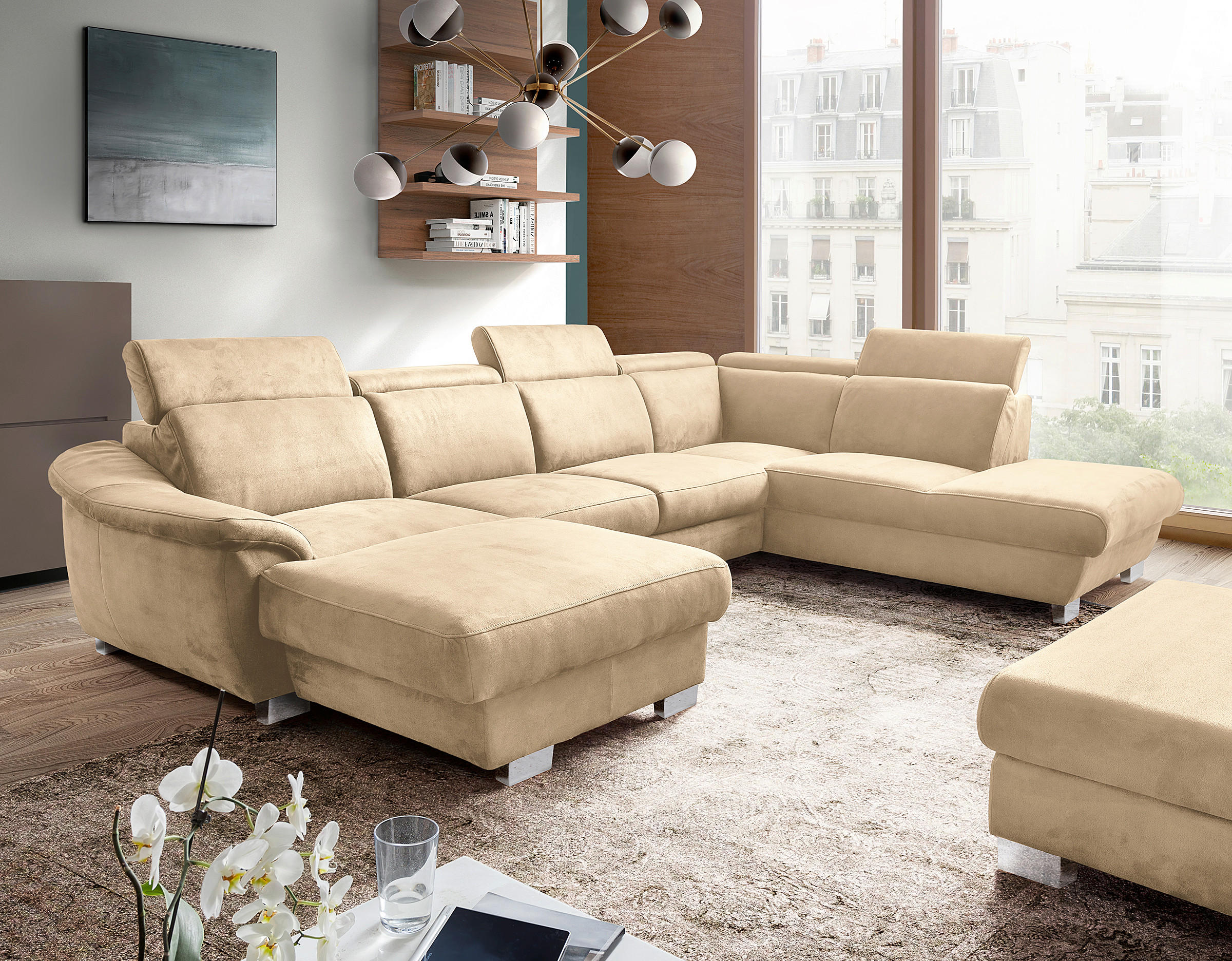 WOHNLANDSCHAFT Beige Mikrofaser  - Chromfarben/Beige, Design, Textil/Metall (238/347/273cm) - Livetastic