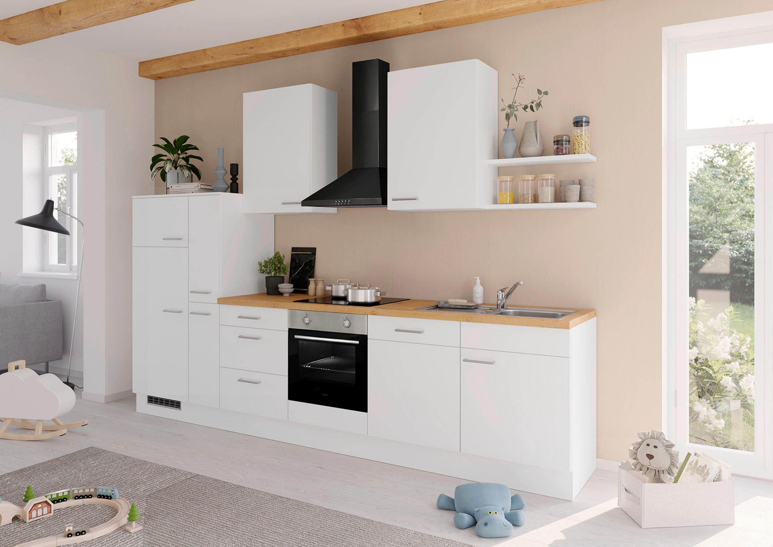 KÜCHENBLOCK 330 cm   in Weiß  - Edelstahlfarben/Eichefarben, Design, Holzwerkstoff/Metall (330cm) - Impuls