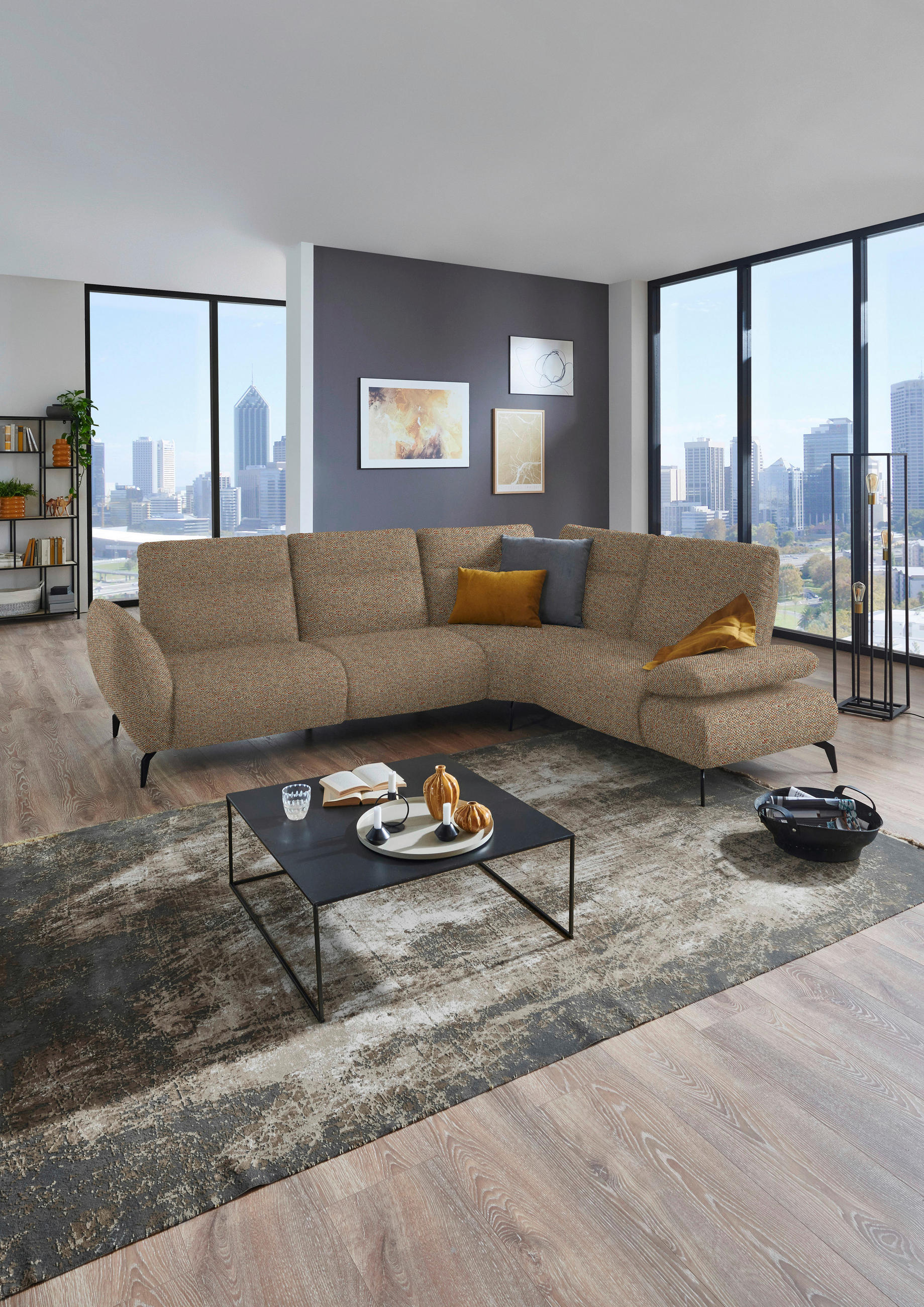 ECKSOFA in Webstoff Braun, Terracotta  - Terracotta/Schwarz, Design, Textil/Metall (290/223cm) - Moderano