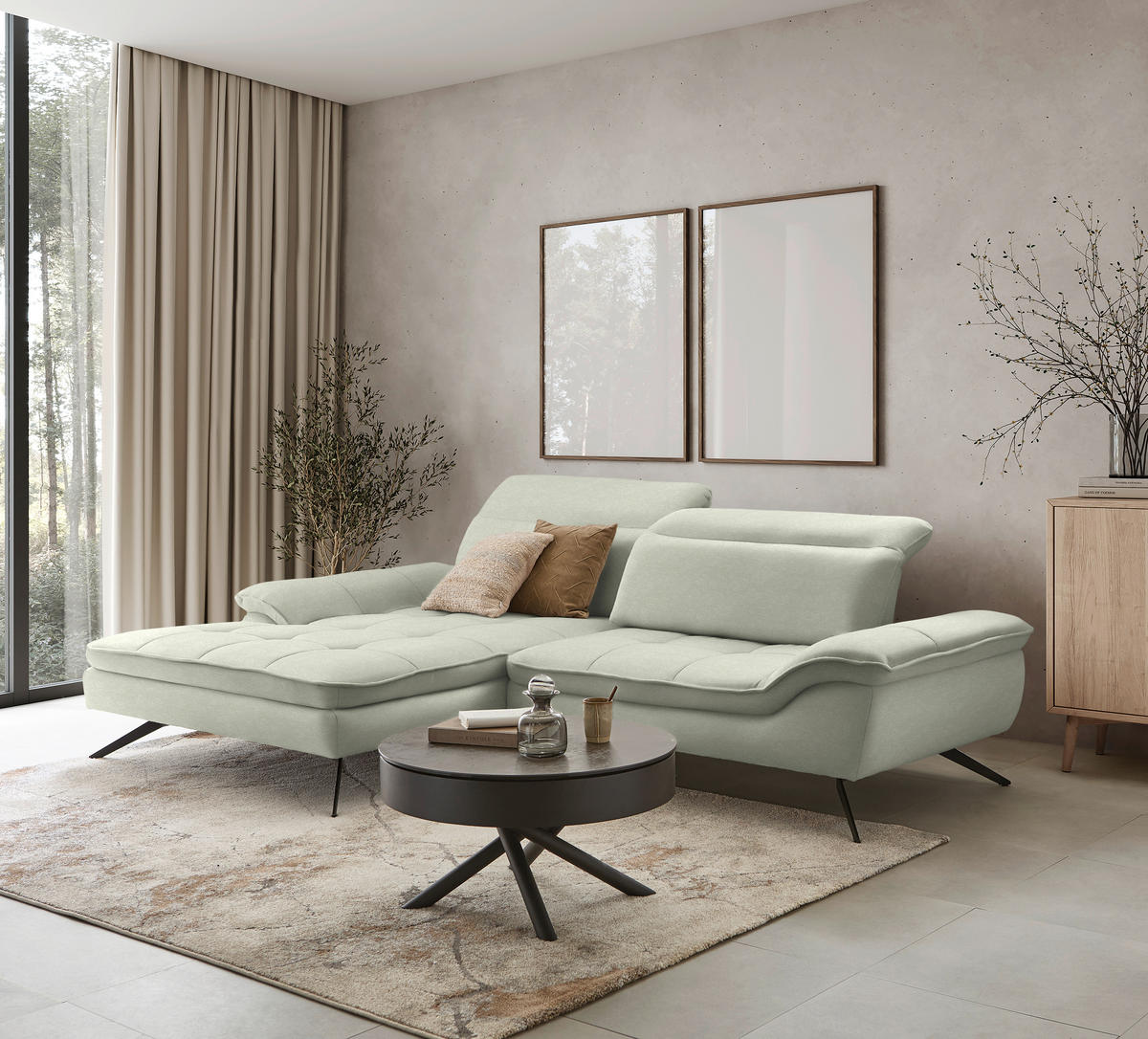 ECKSOFA in Chenille Greige  - Greige/Schwarz, Design, Textil/Metall (179-202/288cm) - Stylife