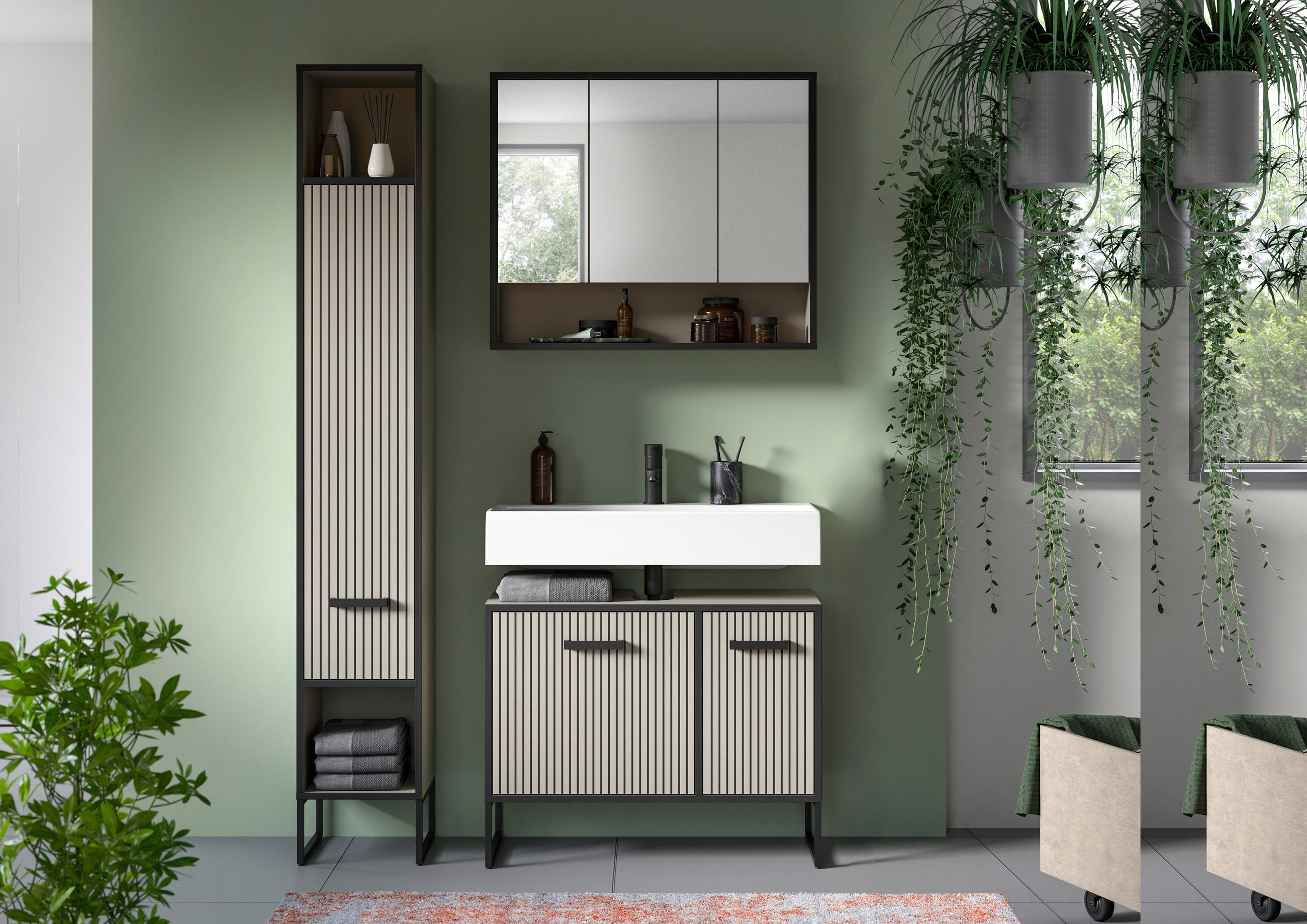 BADEZIMMER 3-teilig  in 110 cm  - Kaschmir/Schwarz, MODERN, Holzwerkstoff/Metall (110cm) - MID.YOU