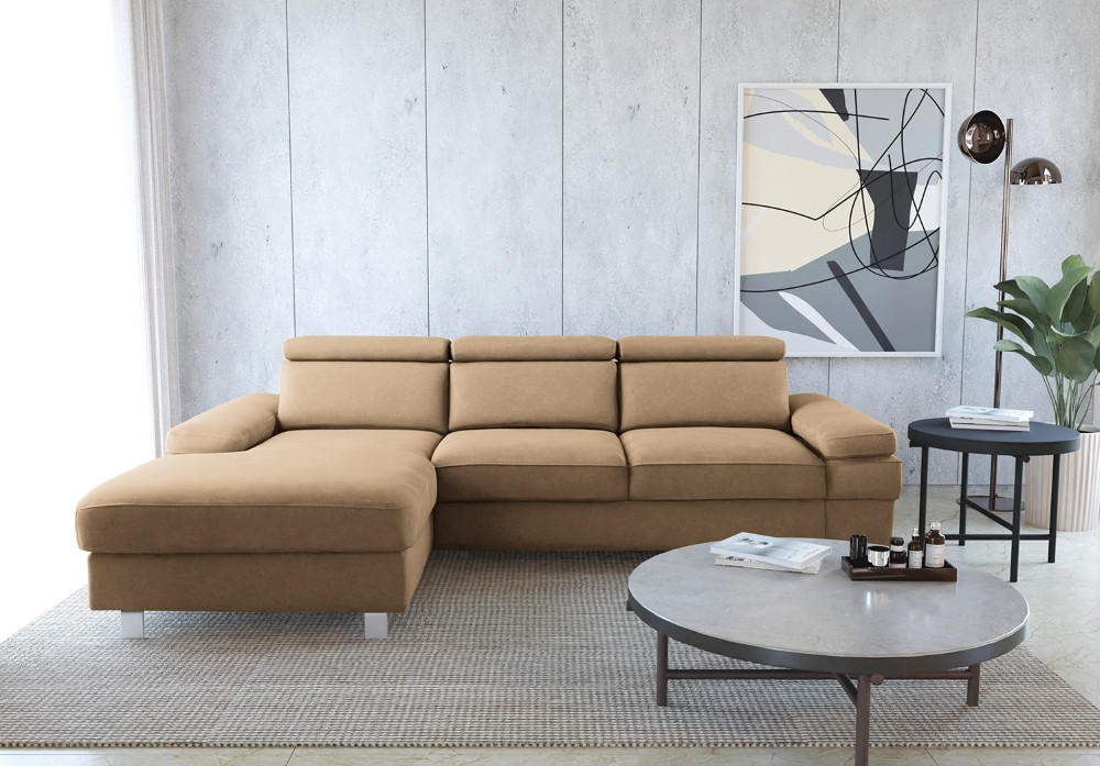 ECKSOFA in Mikrofaser Sandfarben - Sandfarben/Silberfarben, Konventionell, Textil/Metall (259/82/182cm) - Trendmanufaktur