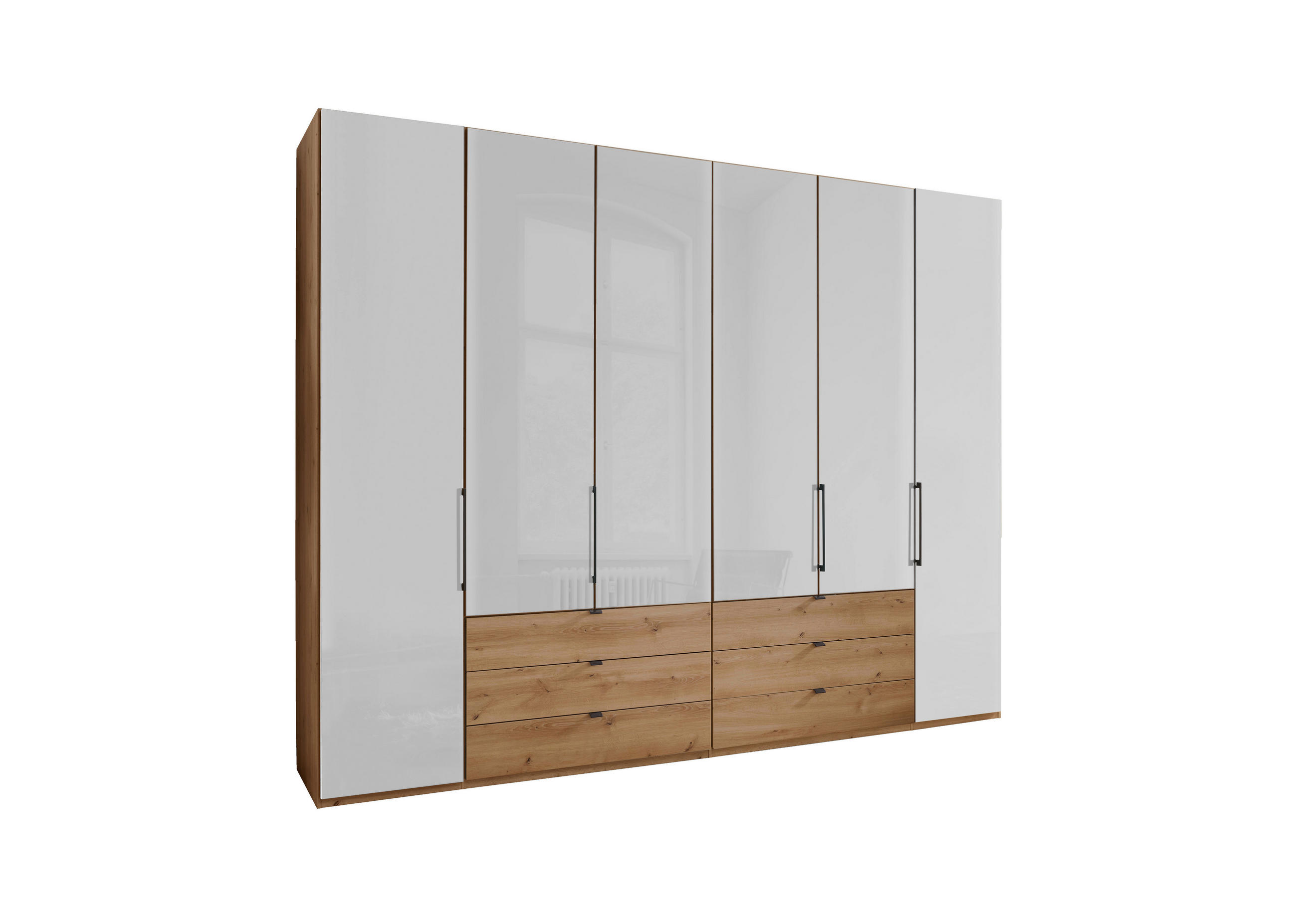 FALTTÜRENSCHRANK 300/236/58 cm 4-türig Weiß, Eiche Bianco  - Schieferfarben/Eiche Bianco, KONVENTIONELL, Glas/Holzwerkstoff (300/236/58cm) - Dieter Knoll