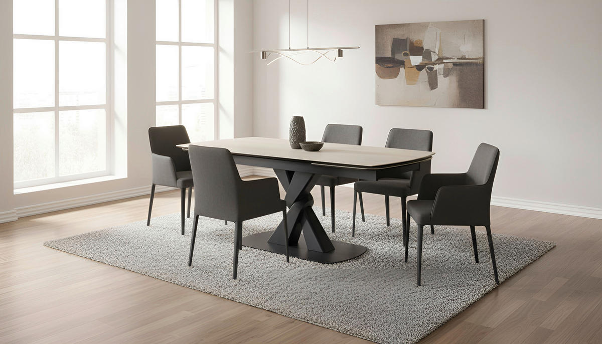 ESSTISCH 160-240/90/76 cm  Metall, Glas, Stein ausziehbar bootsförmig Schwarz, Beige  - Beige/Schwarz, Design, Glas/Stein (160-240/90/76cm) - Novel