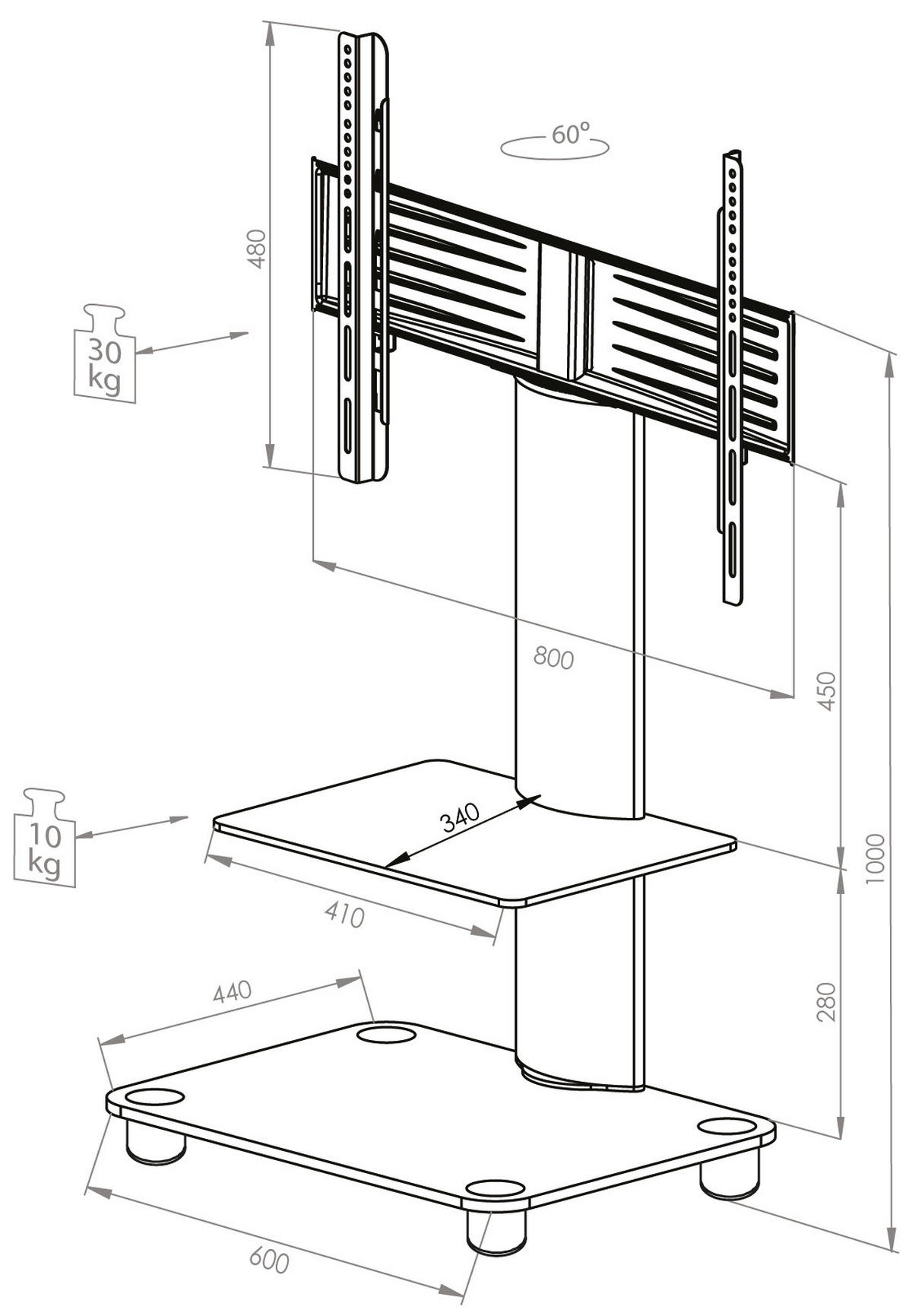 TV-RACK Metall, Glas Schwarz, Silberfarben  - Silberfarben/Schwarz, KONVENTIONELL, Glas/Metall (60/100/44cm) - MID.YOU