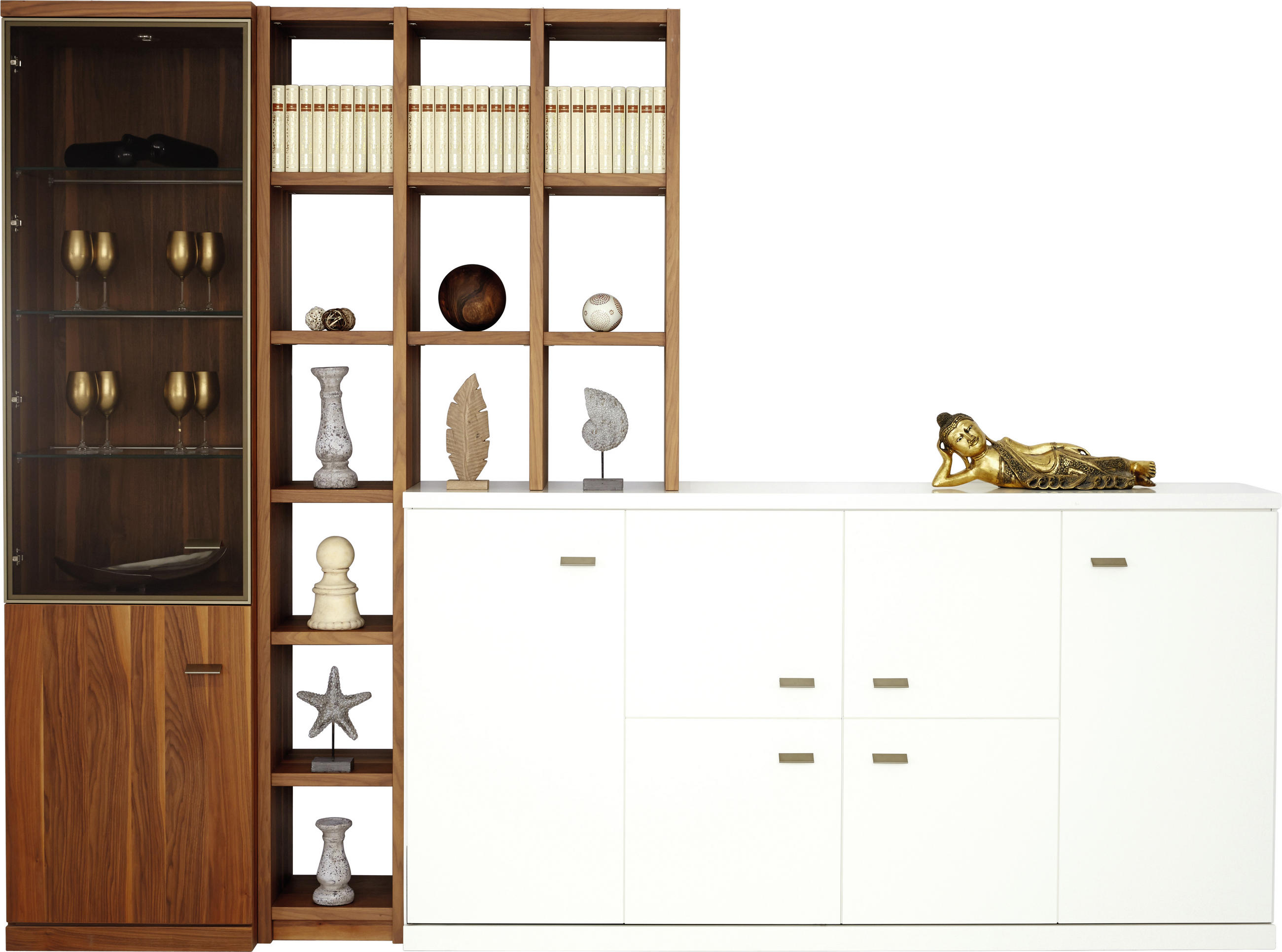 WOHNWAND  in Weiß, Nussbaumfarben   - Nussbaumfarben/Weiß, KONVENTIONELL, Glas/Holzwerkstoff