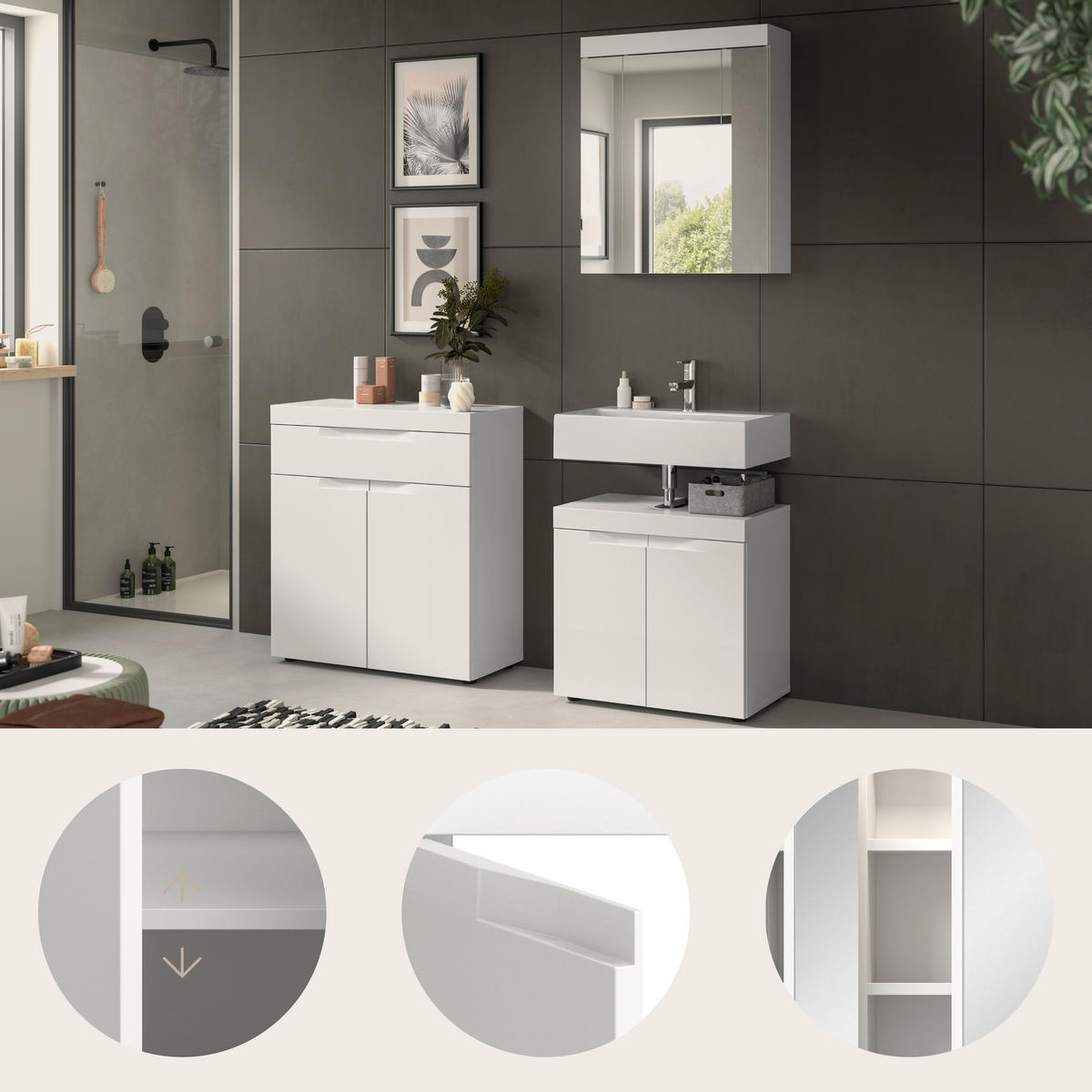 BADRUM 150 cm  - vit/svart, Trend, trämaterial/glas (150cm) - MID.YOU