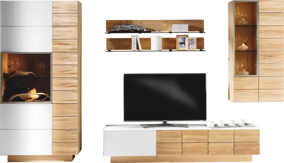 WOHNWAND Vmontanara  in Weiß, Eichefarben  352/202/55 cm  - Eichefarben/Weiß, Design, Glas/Holz (352/202/55cm) - Voglauer
