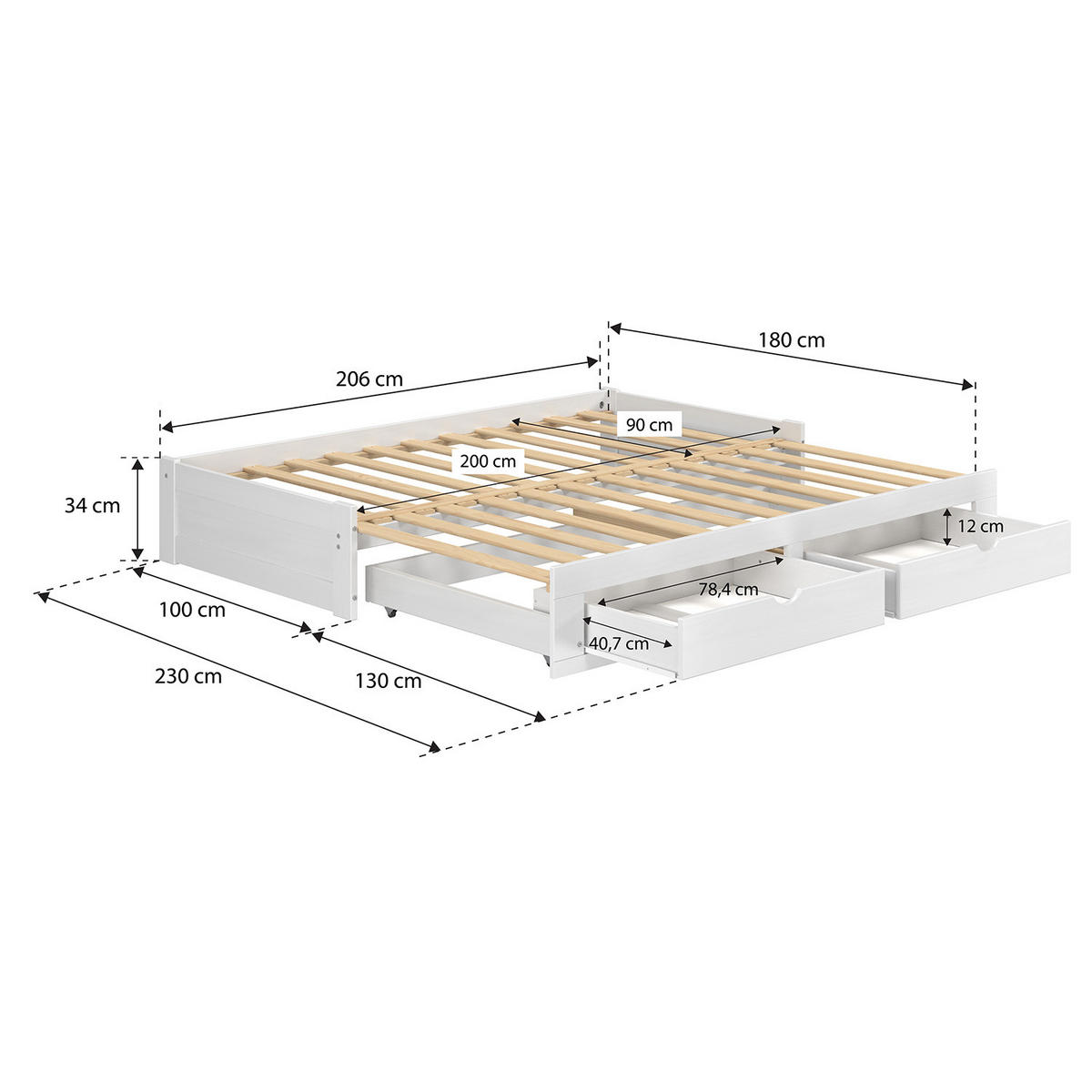AUSZIEHBETT 206/100 cm  in Weiß  - Naturfarben/Weiß, MODERN, Holz/Holzwerkstoff (206/100cm) - MID.YOU