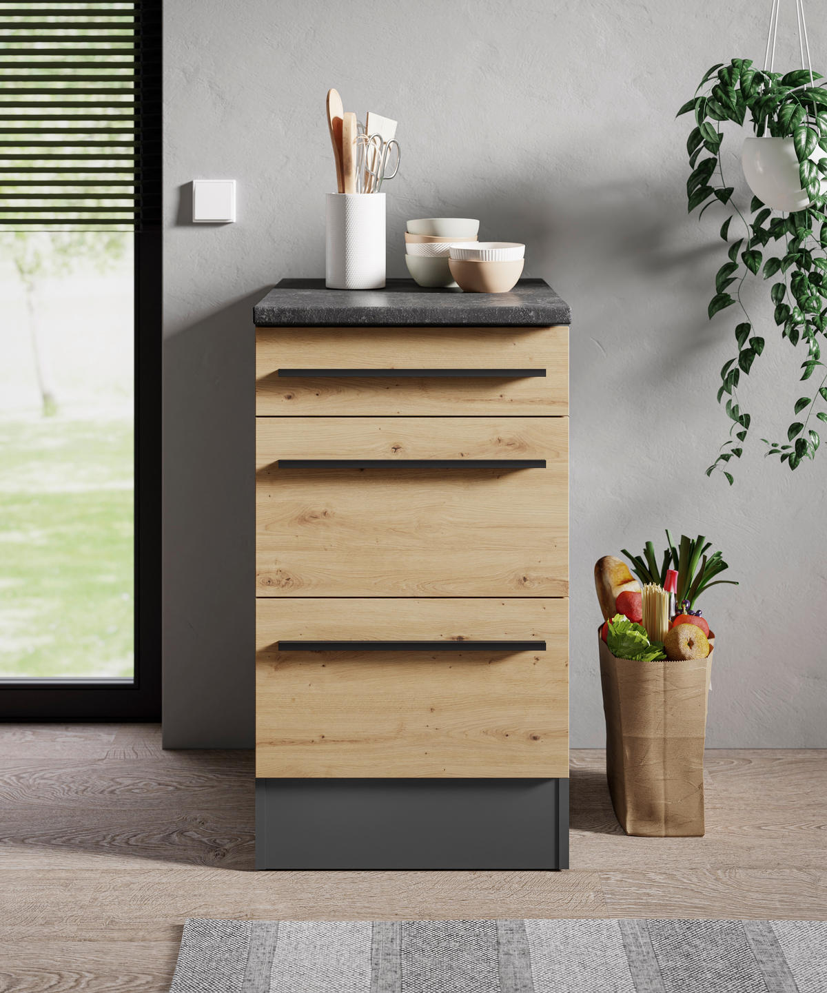 SCHUBKASTENUNTERSCHRANK 50/90/60 cm  in Anthrazit, Eiche Artisan  - Anthrazit/Schwarz, Design, Holzwerkstoff/Kunststoff (50/90/60cm) - P & B
