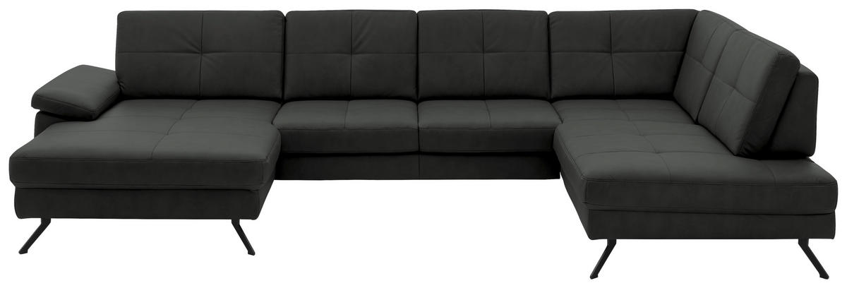 WOHNLANDSCHAFT Lederlook, Mikrofaser Dunkelgrau  - Dunkelgrau/Schwarz, Design, Textil/Metall (179/343/220cm) - Beldomo System