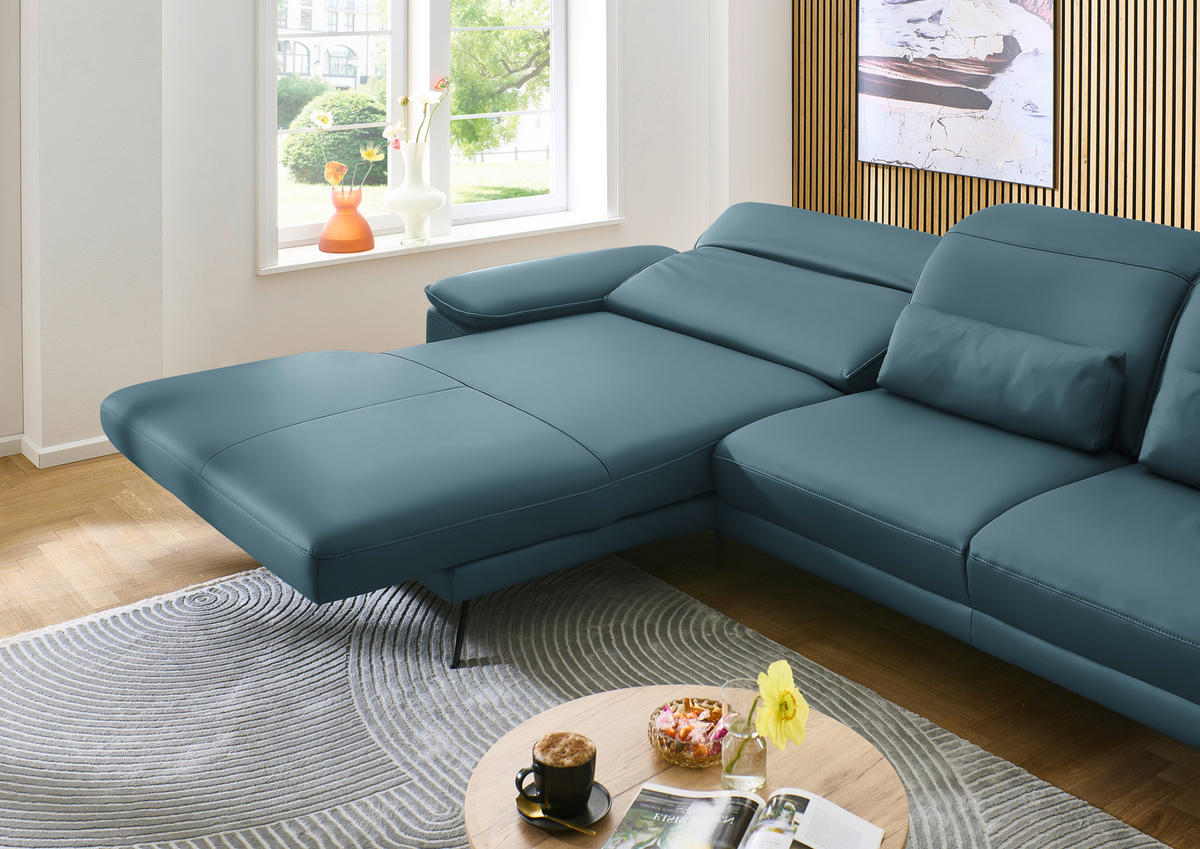 ECKSOFA in Echtleder Blau  - Blau/Schwarz, Design, Leder/Metall (193/332cm) - Dieter Knoll