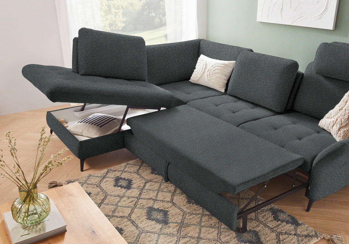 ECKSOFA Dunkelgrau Struktur  - Dunkelgrau/Schwarz, Natur, Textil/Metall (233/288cm) - Valnatura