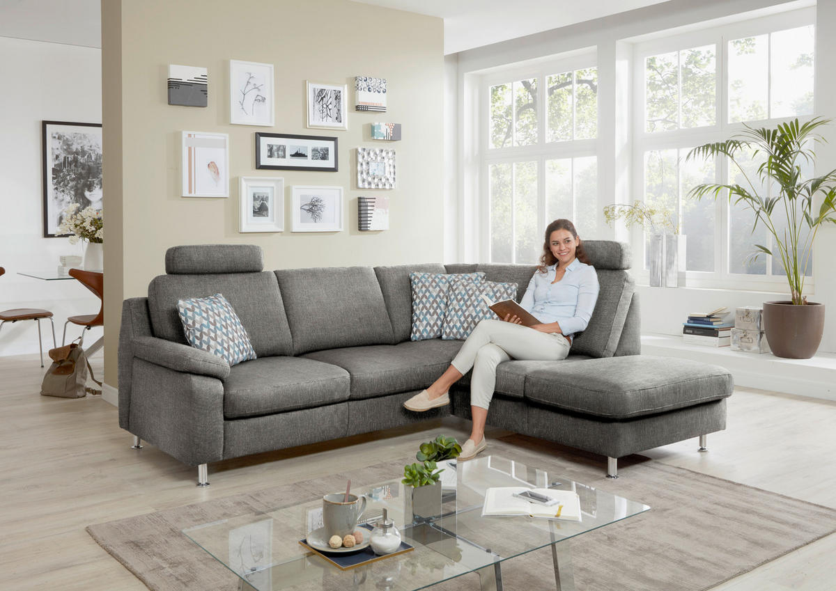 ECKSOFA in Webstoff Dunkelgrau  - Dunkelgrau/Alufarben, Konventionell, Textil/Metall (241/200cm) - Beldomo System