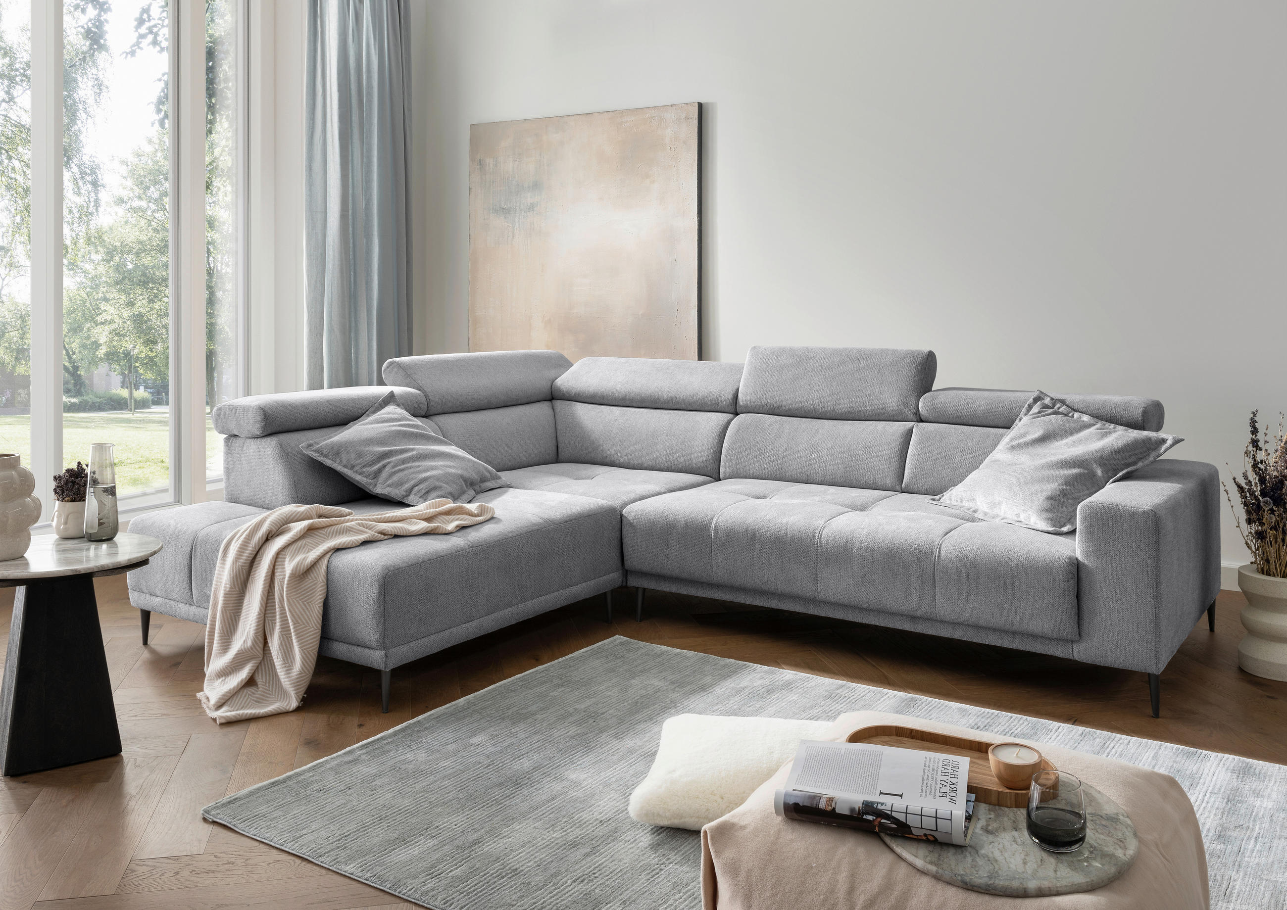 ECKSOFA Chenille Silberfarben  - Silberfarben/Schwarz, Konventionell, Textil/Metall (225/305cm) - Livetastic