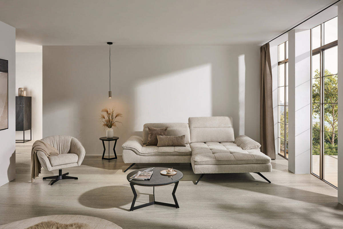 ECKSOFA in Chenille Beige  - Beige/Schwarz, Design, Textil/Metall (288/179-202cm) - Stylife