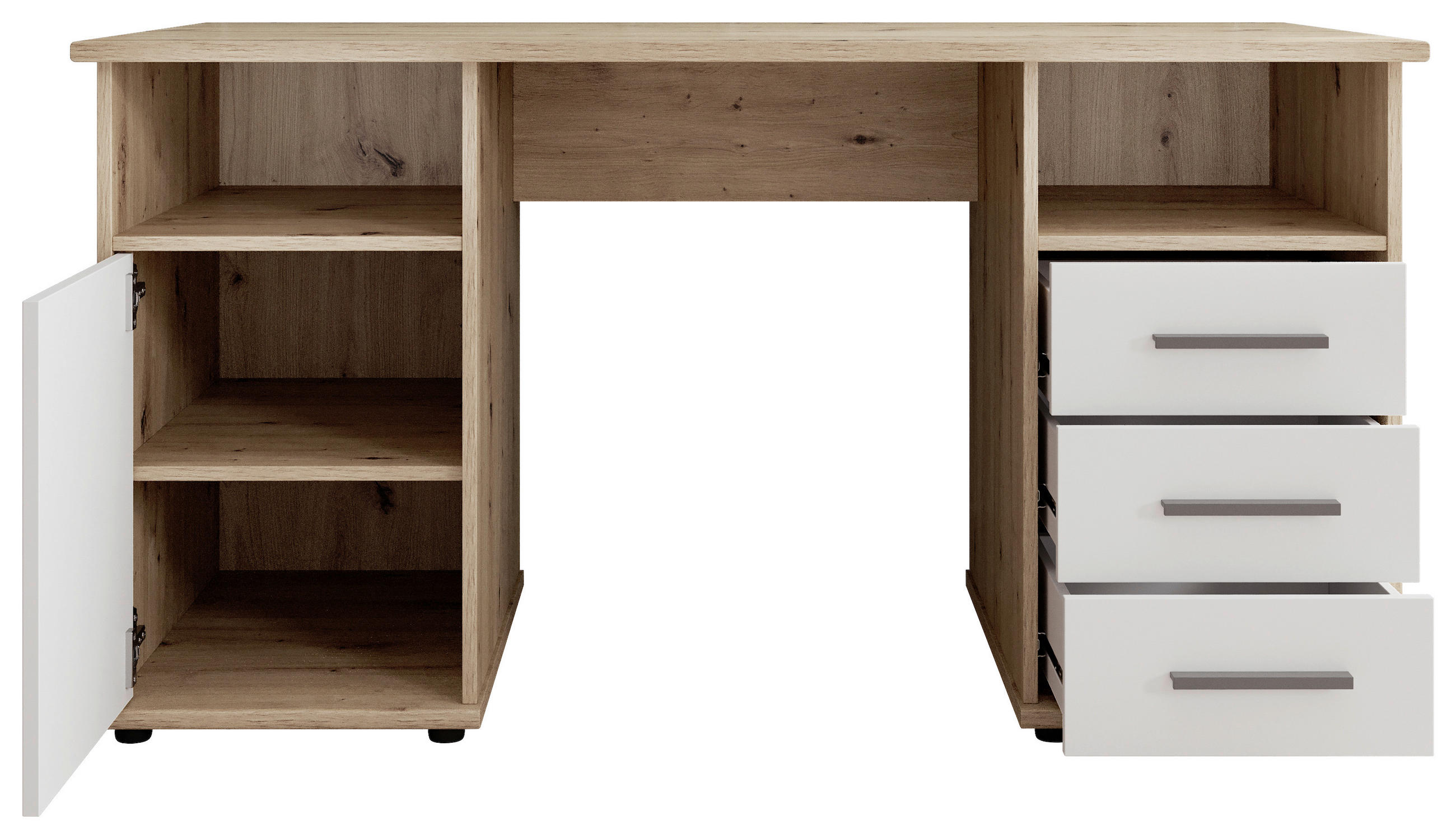 SCHREIBTISCH 145/67/76 cm  in Weiß, Eiche Artisan  - Silberfarben/Weiß, KONVENTIONELL, Holzwerkstoff/Kunststoff (145/67/76cm) - Cantus