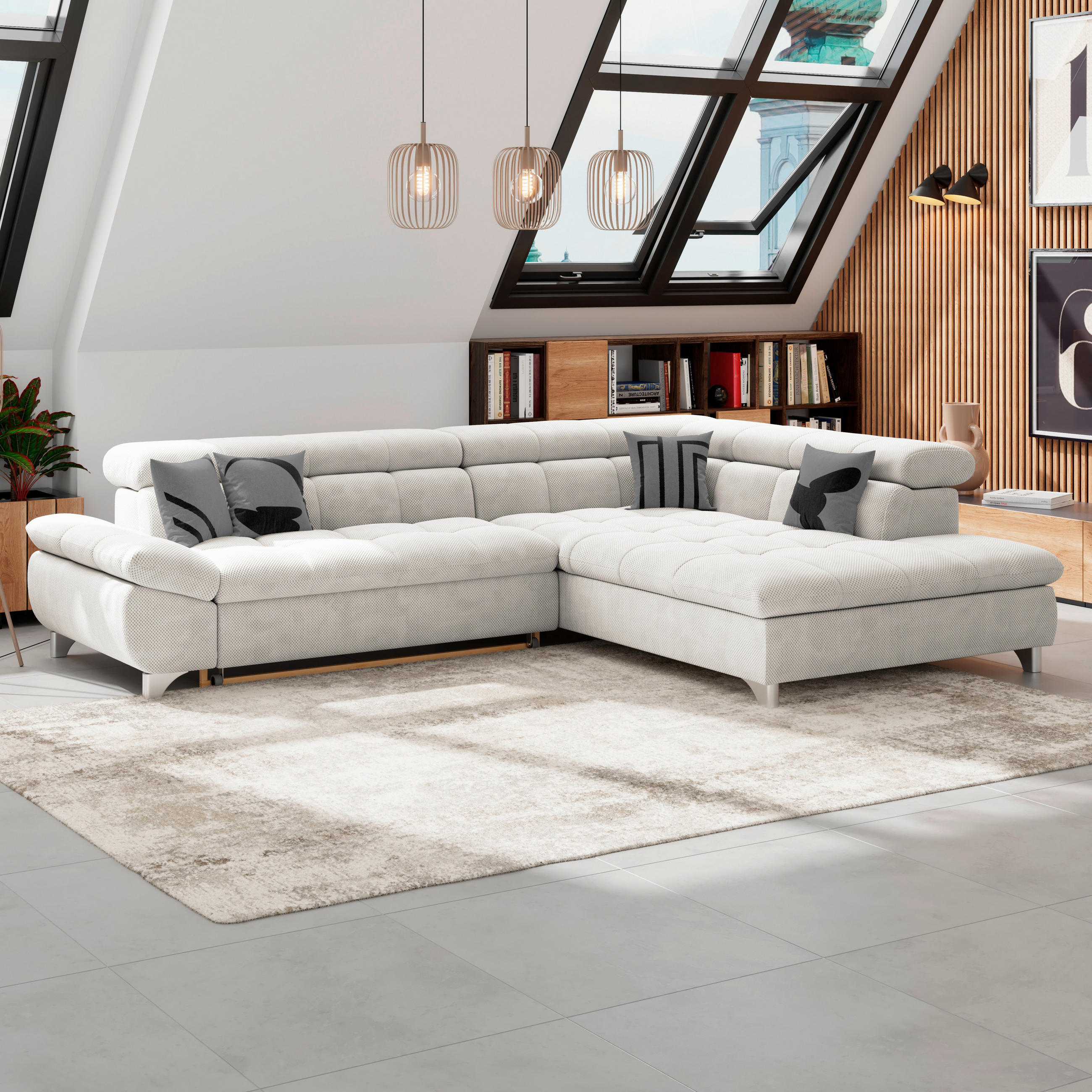 ECKSOFA Creme Chenille  - Chromfarben/Creme, KONVENTIONELL, Textil/Metall (312/234cm) - Livetastic