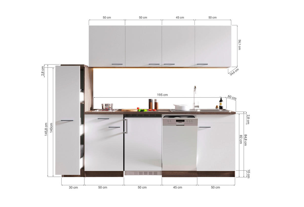 MODULKÖK 225 cm   i vit  - vit/aluminiumfärg, Basics, trämaterial/plast (225cm) - Respekta