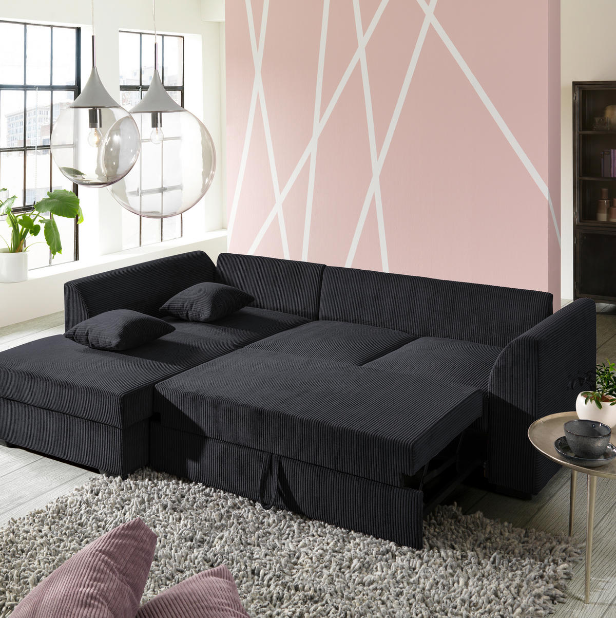 ECKSOFA in Cord Schwarz  174/259 cm  - Schwarz, Design, Kunststoff/Textil (174/259cm) - Cantus