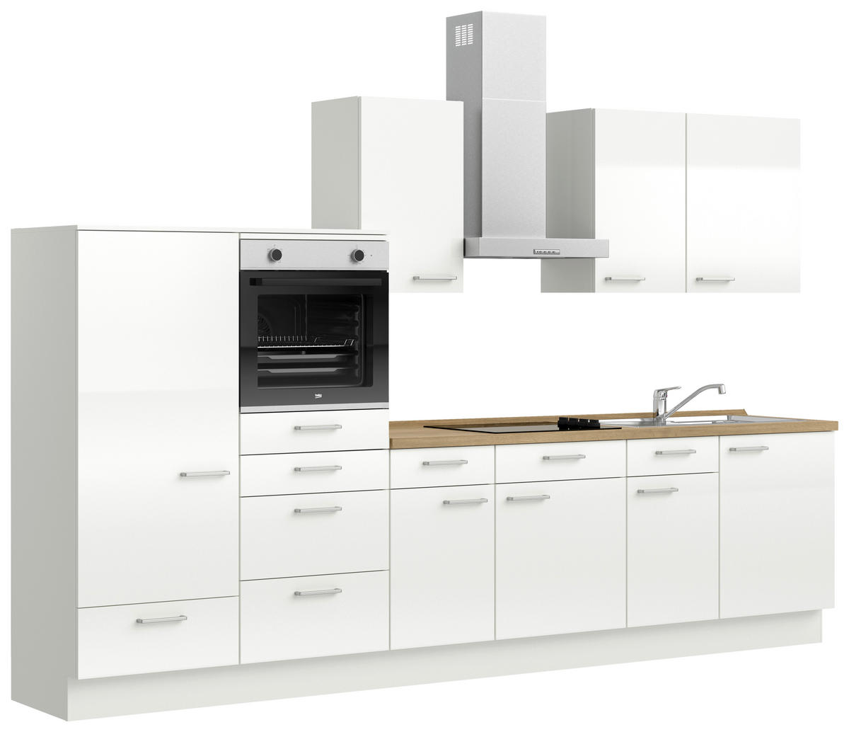 KÜCHENLEERBLOCK 330 cm   in Eichefarben, Weiß Hochglanz  - Edelstahlfarben/Eichefarben, MODERN, Holzwerkstoff/Metall (330cm) - Nobilia