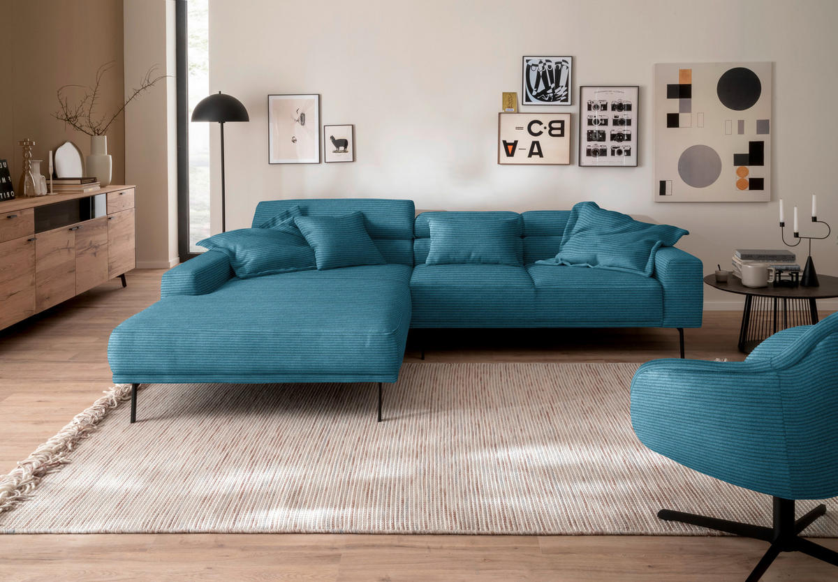 ECKSOFA Cord Petrol  - Petrol/Schwarz, Design, Textil/Metall (215-217/293cm) - Schöner Wohnen