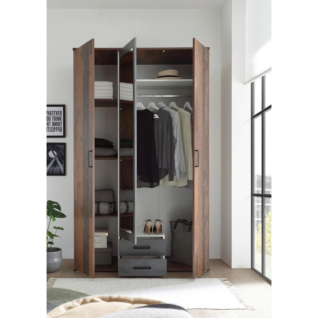Thumbnail - Mid.you Drehtürenschrank, Akazie, Schiefer, Glas, Holzwerkstoff, 4 Fächer, 2 Schubladen, 120x196x53.5 cm, Blauer Engel, ...