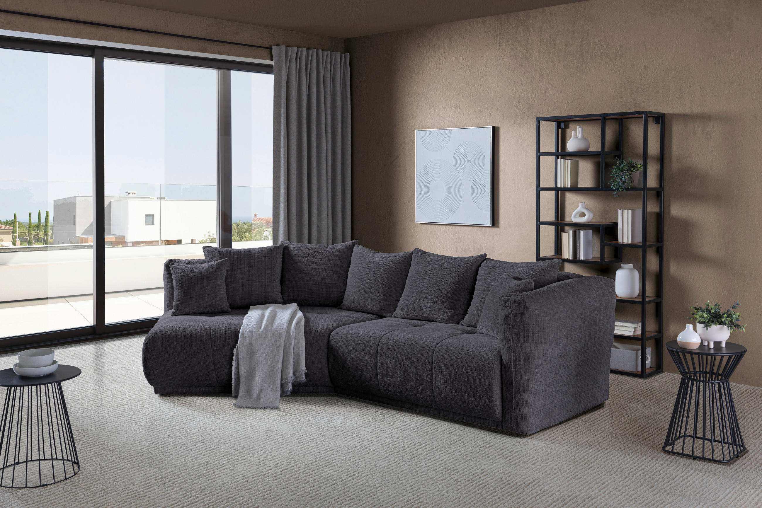 ECKSOFA in Chenille Dunkelgrau  180/315 cm  - Dunkelgrau/Schwarz, MODERN, Kunststoff/Textil (180/315cm) - Hom`in