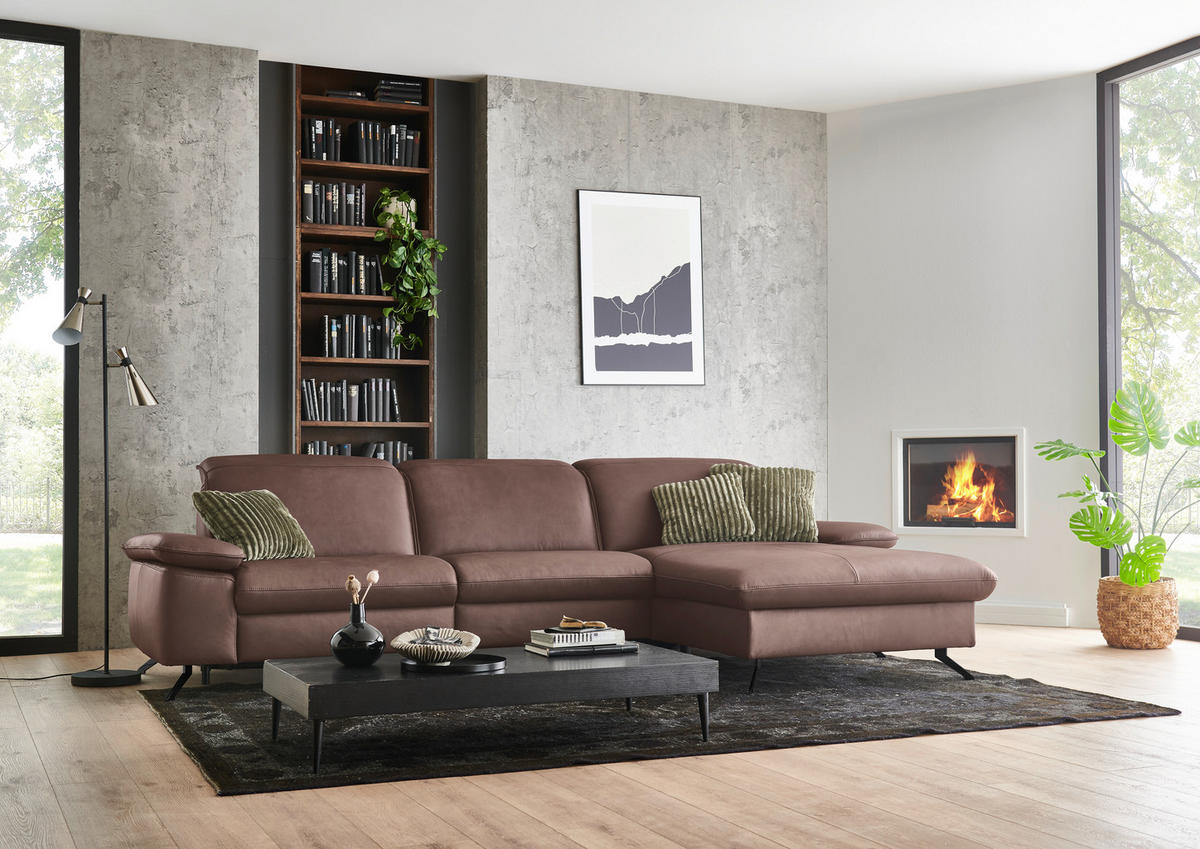 ECKSOFA Echtleder Rotbraun  - Rotbraun/Schwarz, Design, Leder/Metall (307/169cm) - Beldomo Premium