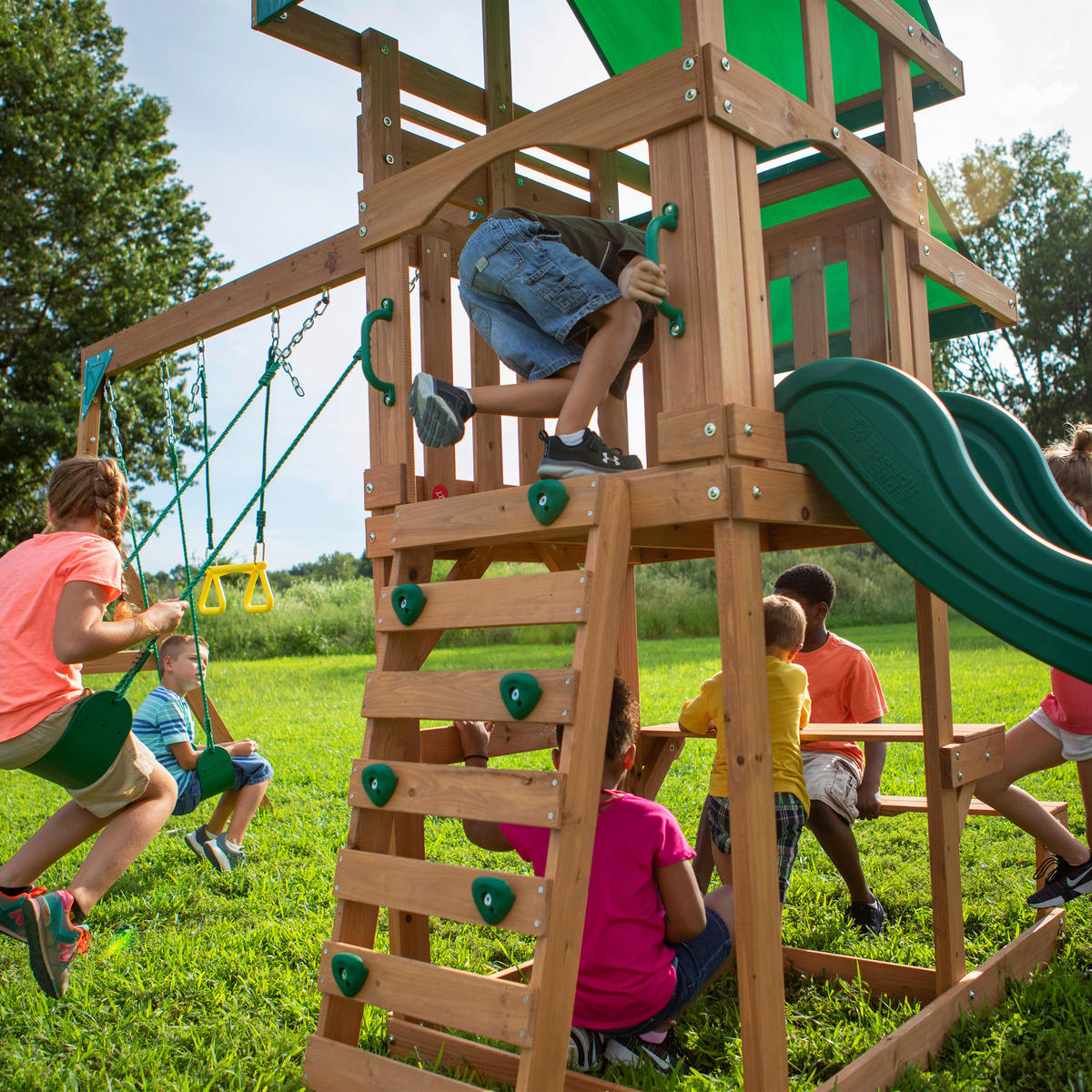SPIELTURM BACKYARD BELMONT 220/290/540 cm  - Dunkelgrün/Gelb, KONVENTIONELL, Holz (220/290/540cm) - Ambia Garden