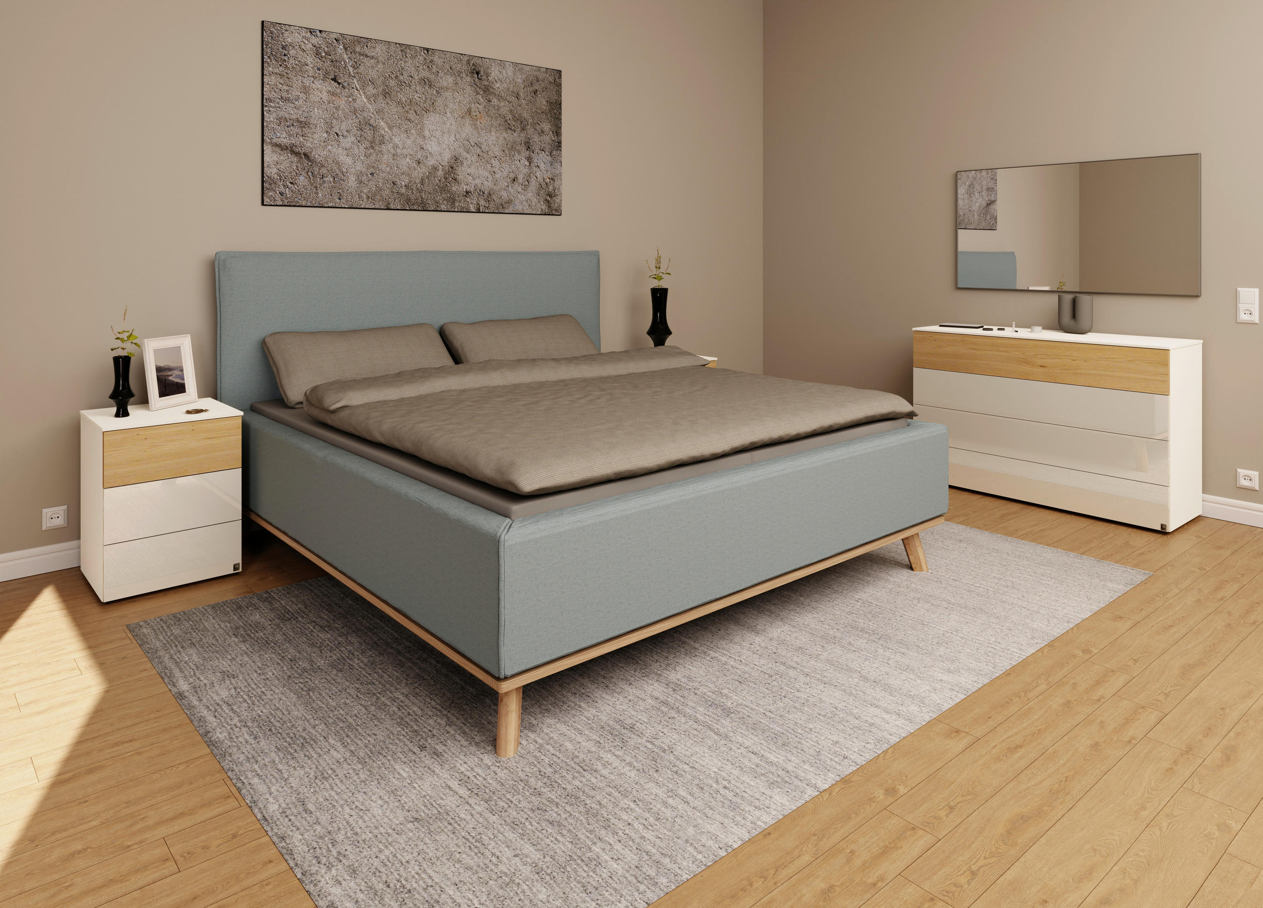 POLSTERBETT Matratze, Lattenrost, Bettkasten 180/200 cm  in Blau  - Blau/Eichefarben, Design, Holz/Textil (180/200cm) - Musterring