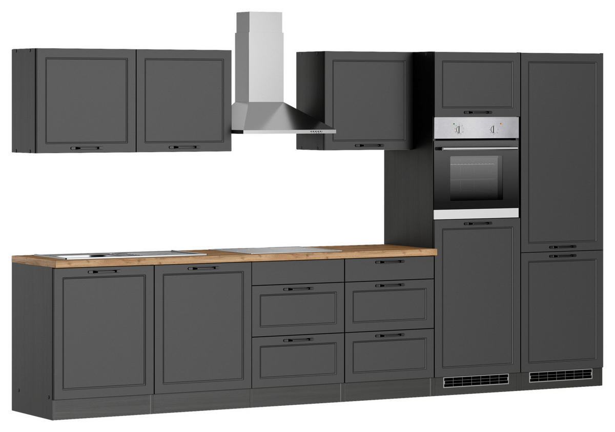 KÜCHENBLOCK 360 cm   in Grau, Eiche Wotan  - Eiche Wotan/Schwarz, Lifestyle, Holzwerkstoff/Metall (360cm) - Held