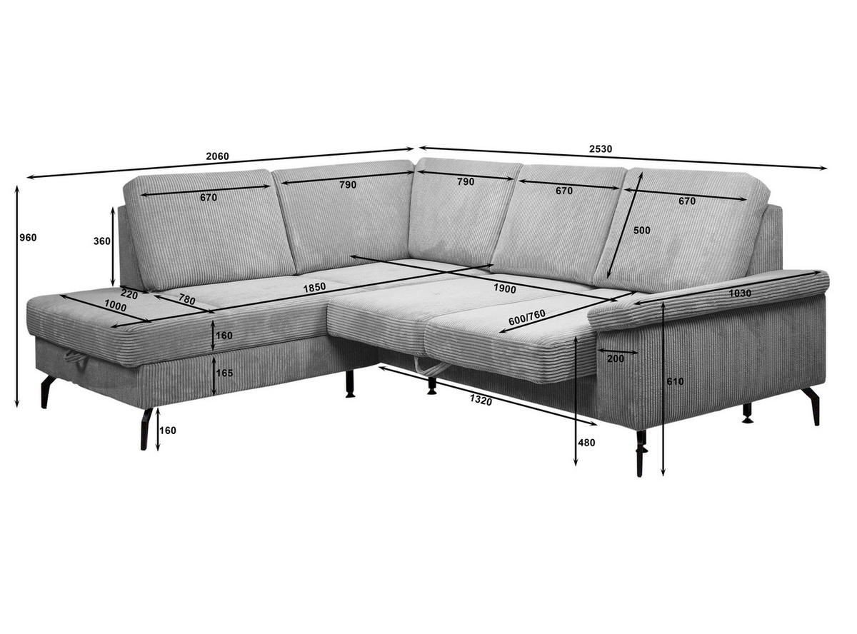 ECKSOFA inkl. Funktionen Creme Velours Bettkasten, Sitzvorzug  - Creme/Schwarz, KONVENTIONELL, Textil/Metall (206/253cm) - Venda